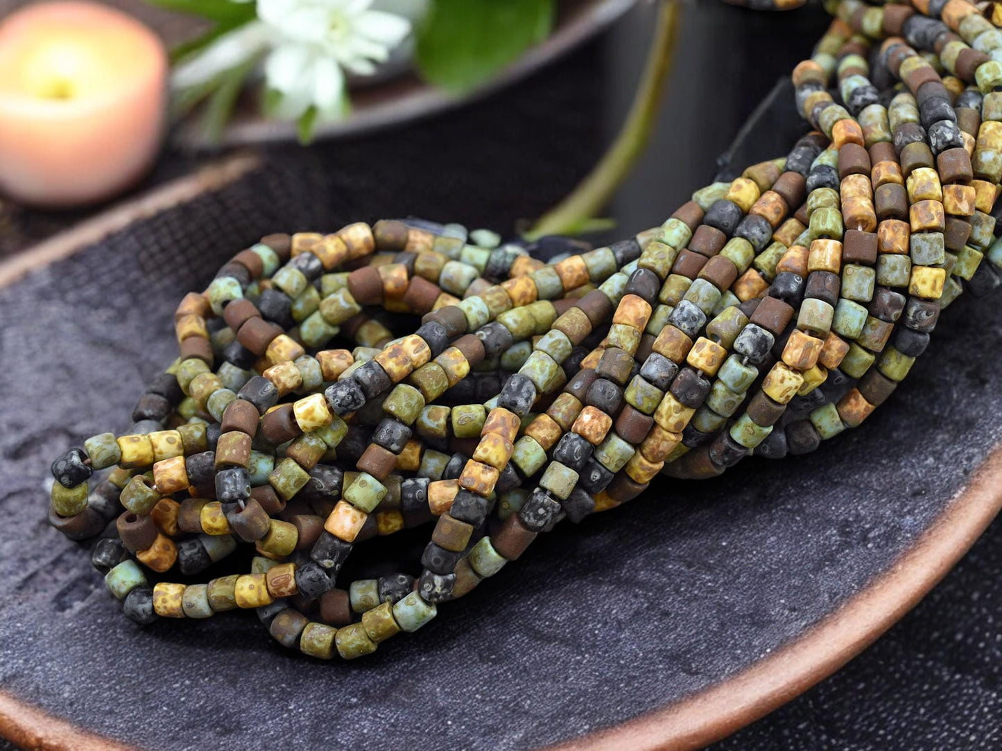 6/0 Aged Matte Aged Multi Color Picasso Bugle Beads (20" Strand)