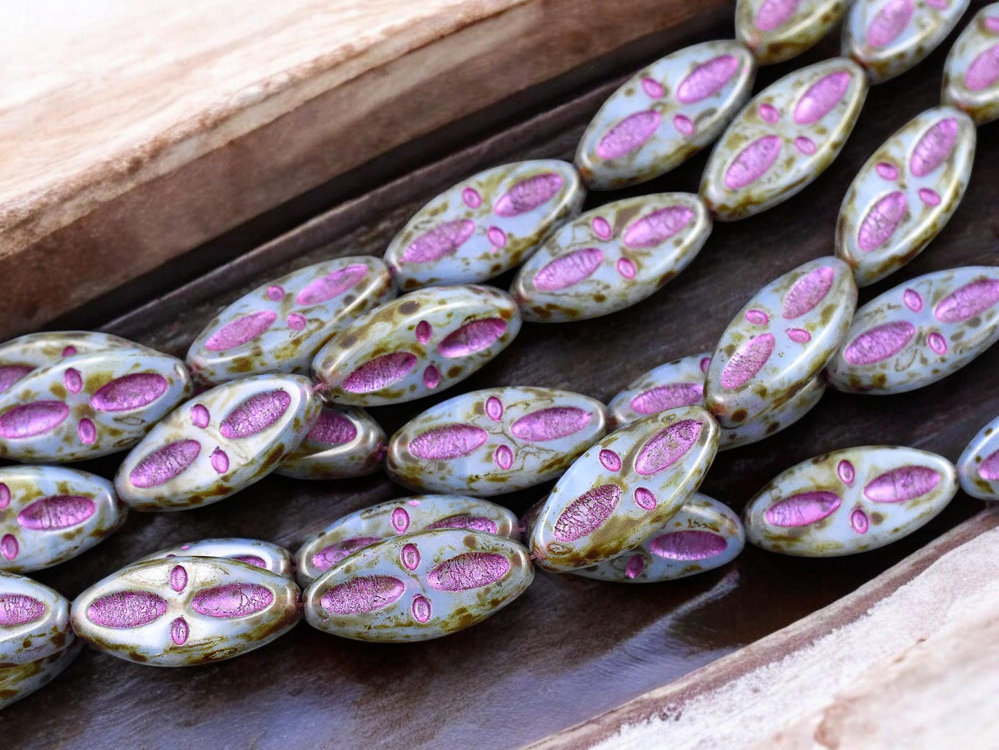 *8* 20x9mm Metallic Pink Washed Blue Opaline Picasso Marquise Oval Beads