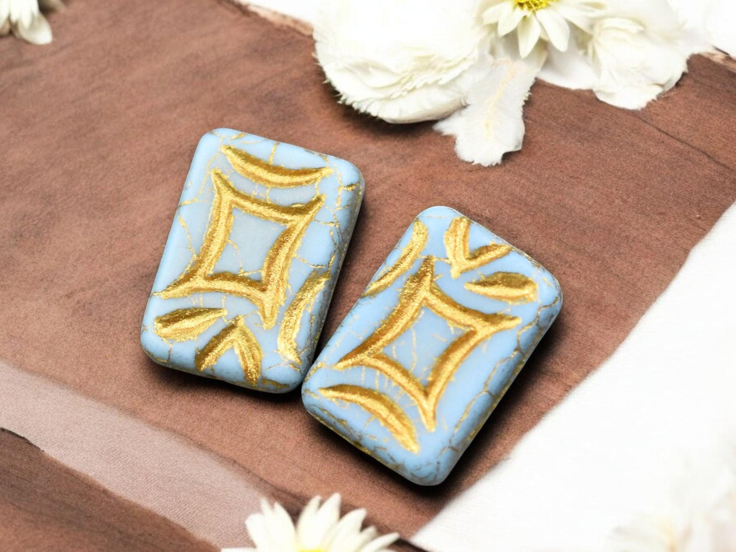 *2* 19x13mm Bronze Washed Matte Blue Turquoise Rectangle Beads