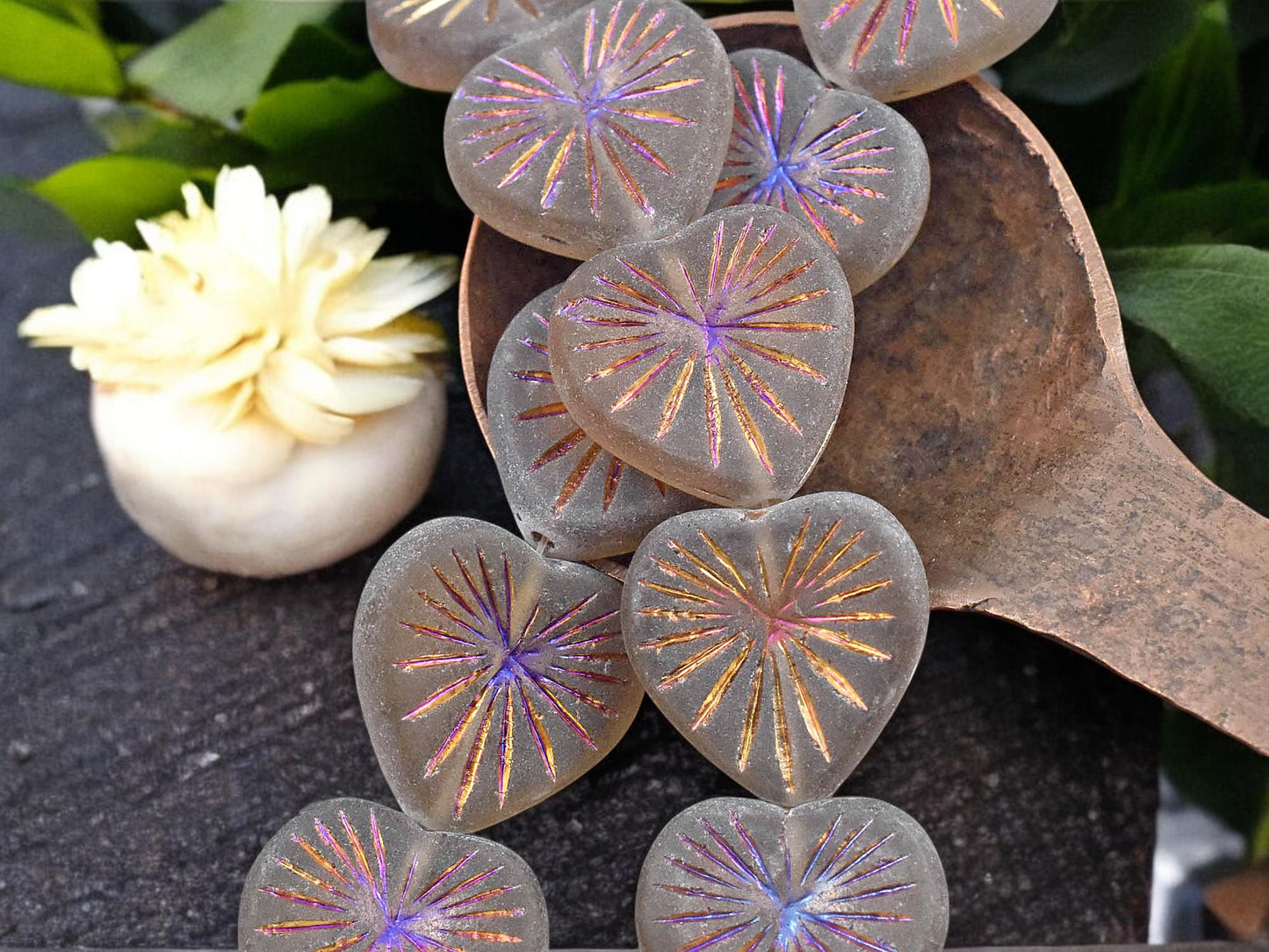 *6* 18mm Metallic Volcano Washed Matte Black Diamond Heart Beads