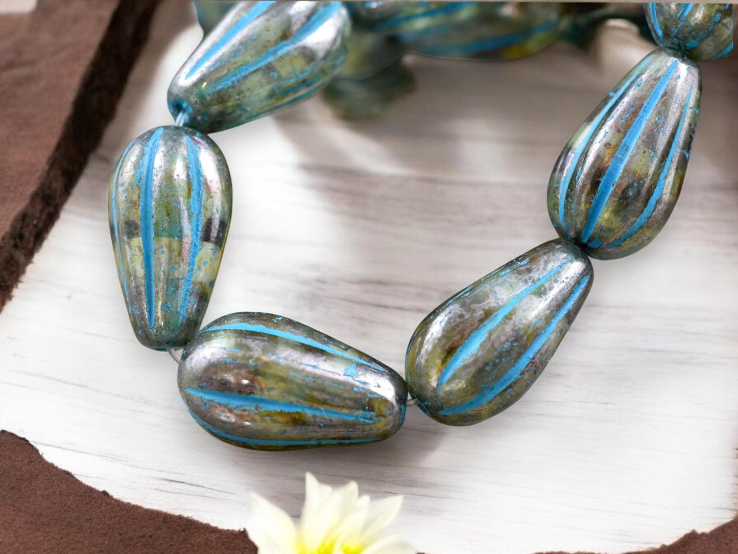 *6* 15x8mm Turquoise Washed Bottle Green Picasso Melon Drop Beads