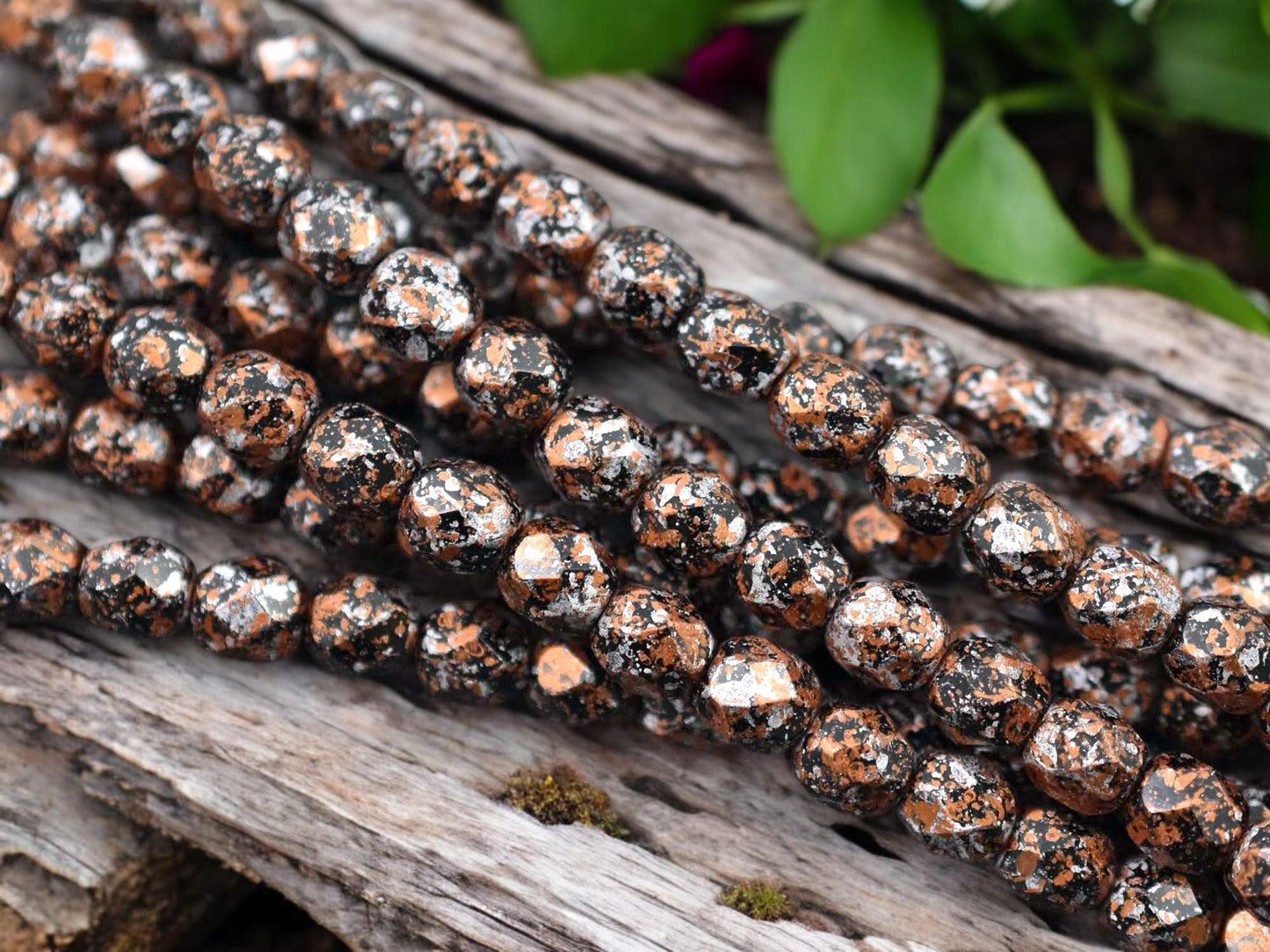 *25* 6mm Orange Speckled Jet Metallic Silver Fire Polished Round Beads