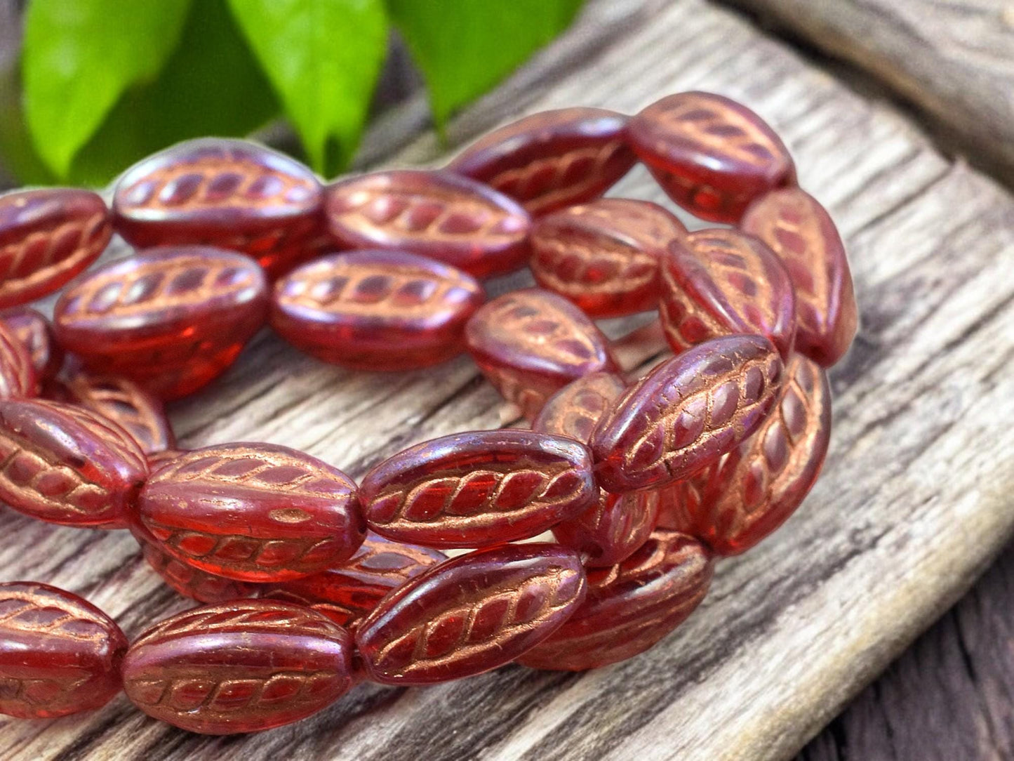 *10* 15x9mm Copper Washed Pink Lustered Ruby Red Twisted Oval Beads