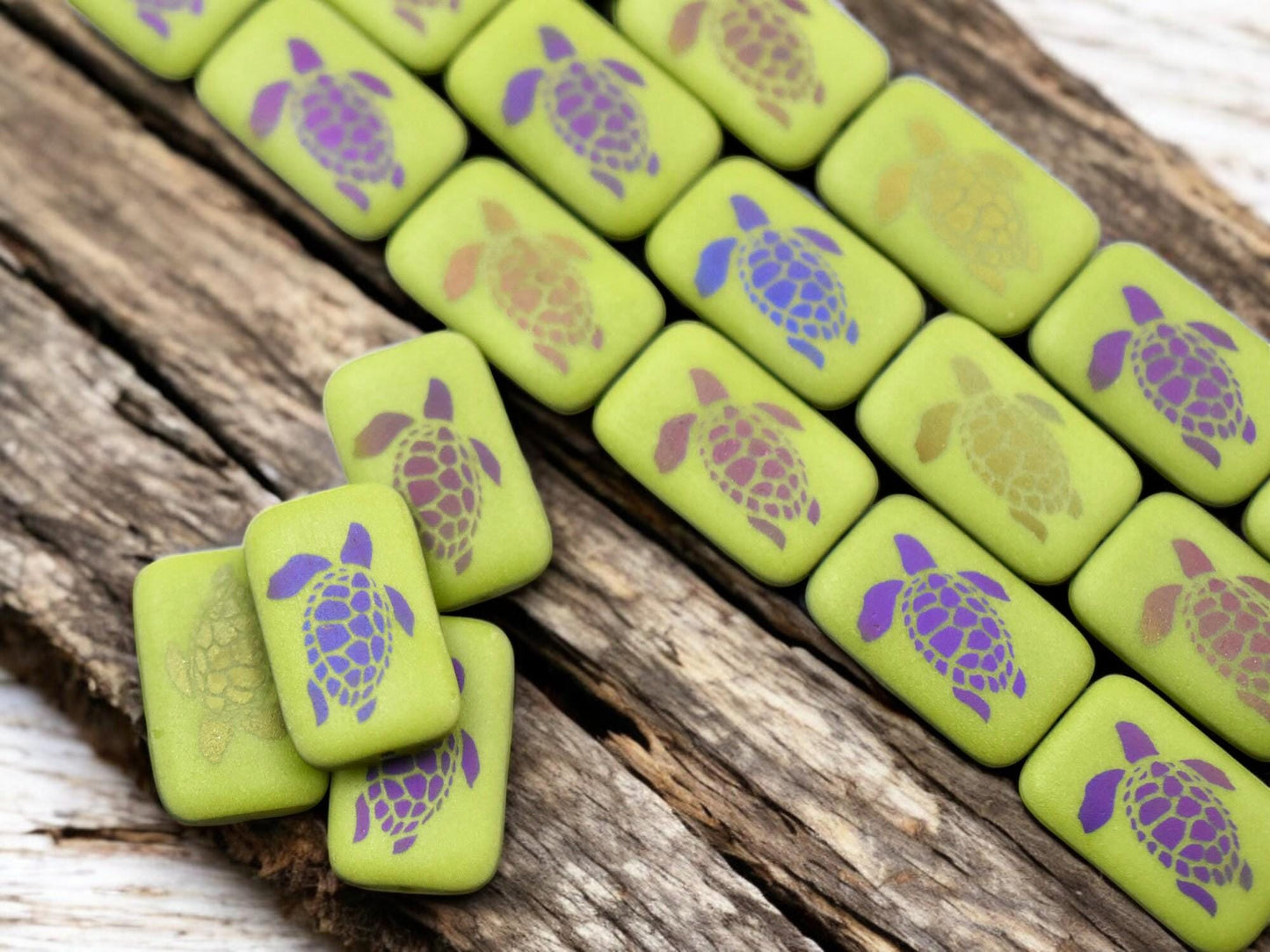 19x12mm Matte Chartreuse Sliperit Laser Tattoo Rectangle Turtle Beads - Choose Your Qty