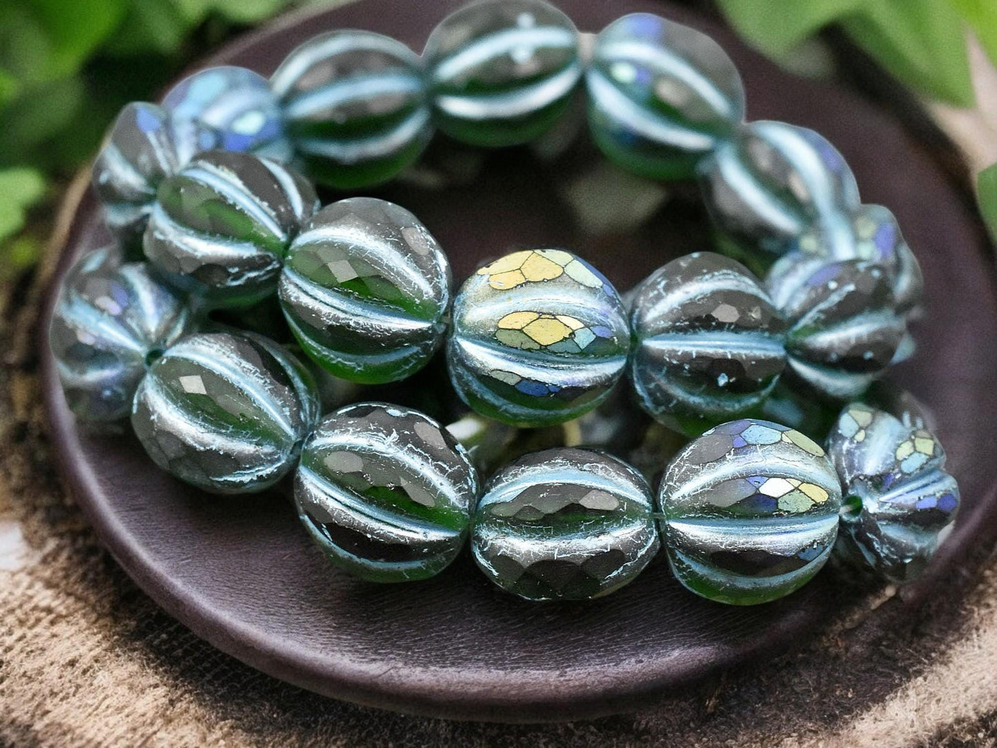 *12* 10mm Turquoise Washed Matte Emerald AB Faceted Round Melon Beads