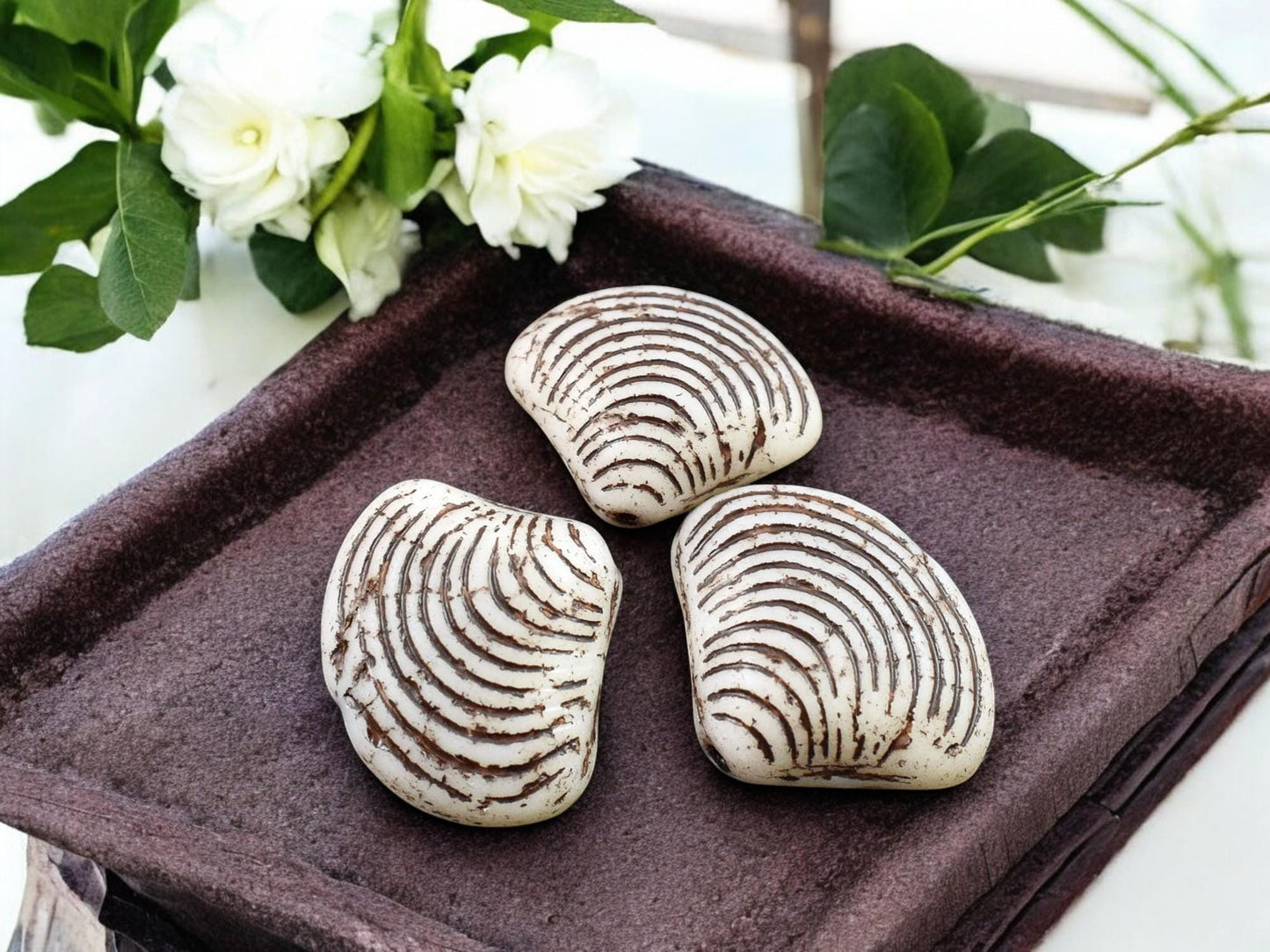 *8* 15x18mm Brown Washed Matte Alabaster Sea Shell Beads