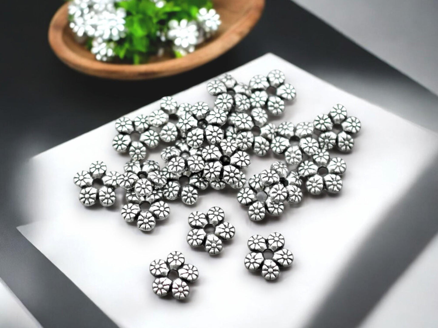 *100* 7mm Antique Silver Flower Rondelle Beads