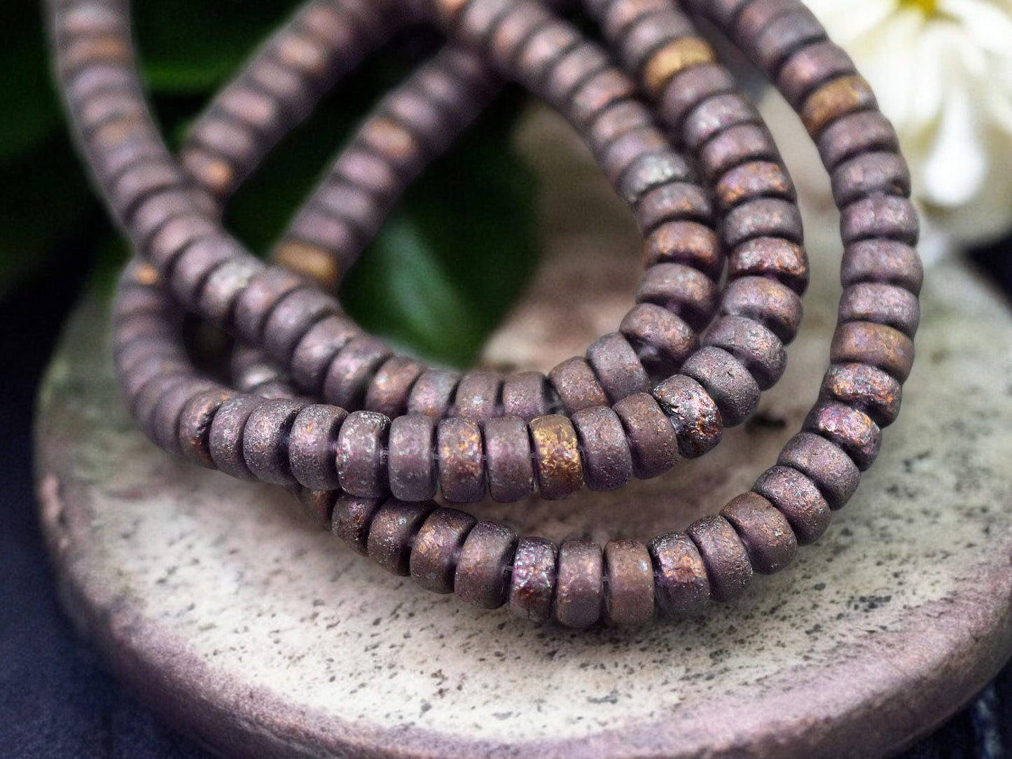 *50* 6x3mm Metallic Purple Washed Etched Thistle Heishi Rondelle Beads