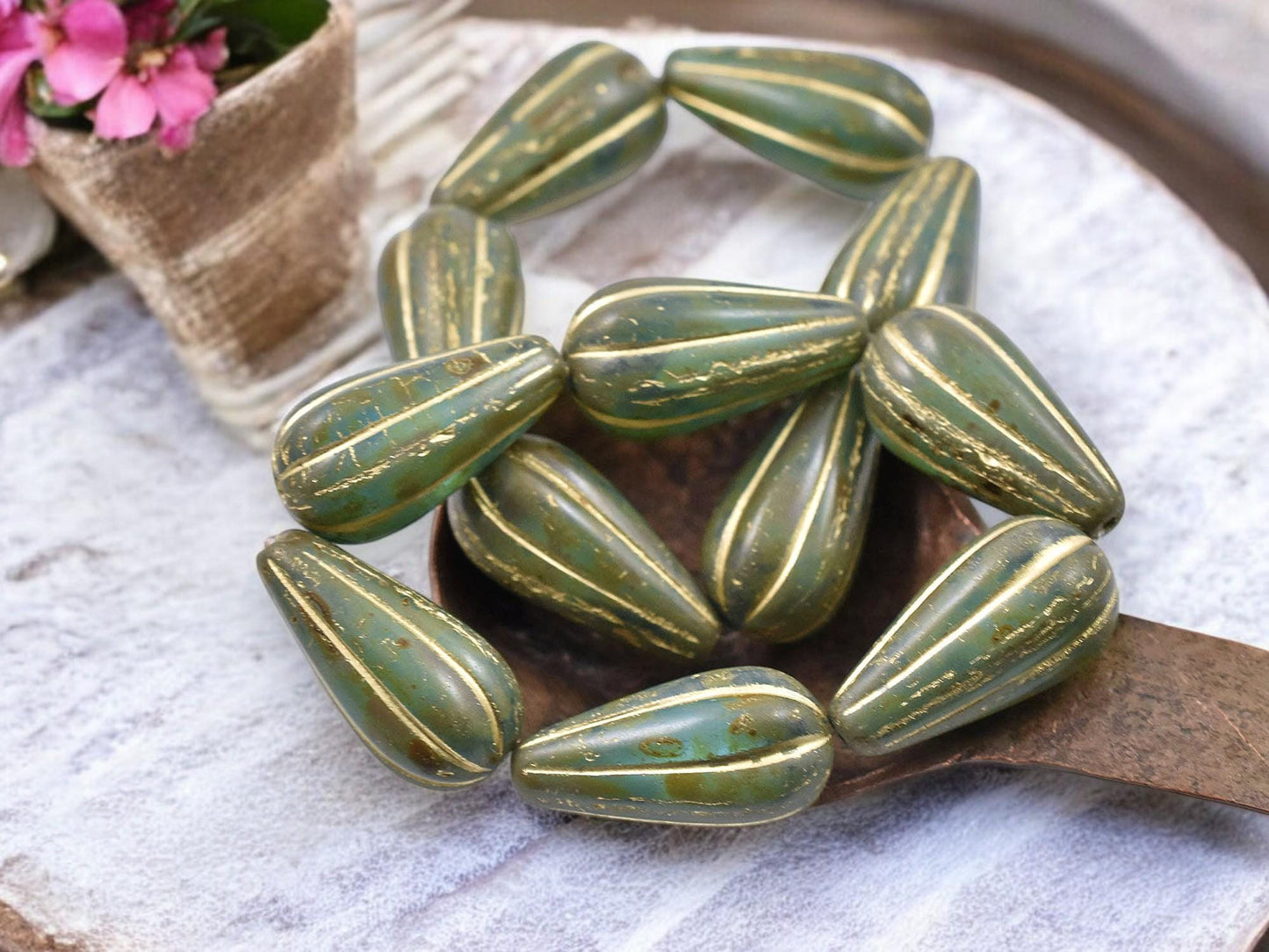 *6* 22x11mm Gold Washed Teal Picasso Picasso Melon Drop Beads