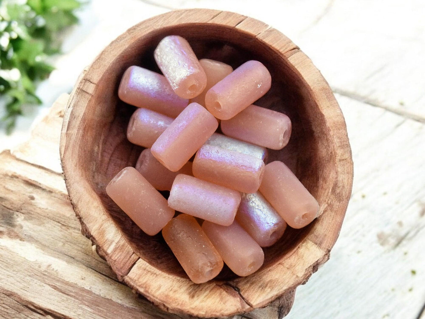 *16* 9x5mm Etched Peach Mango AB Tube Beads