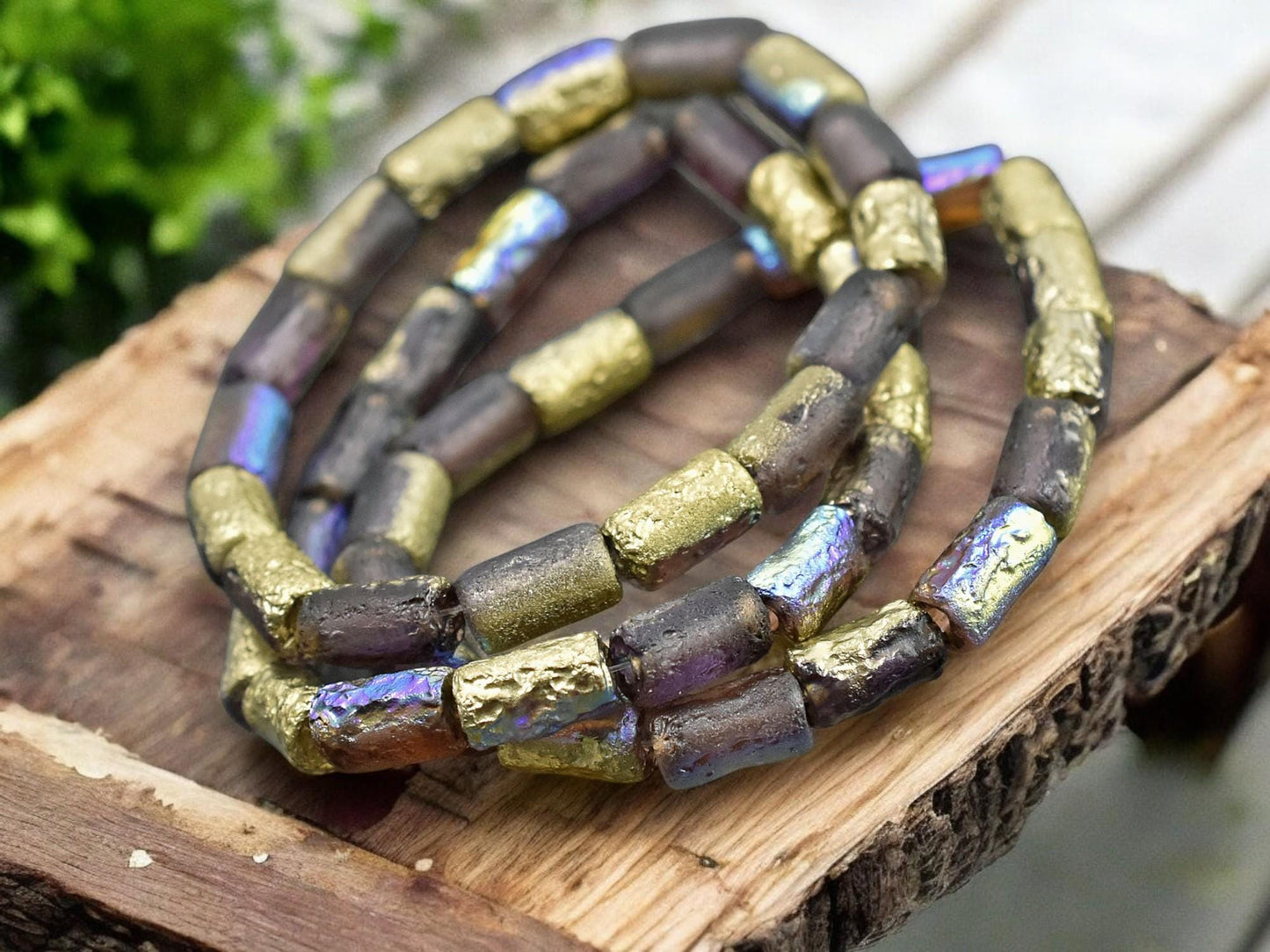 *16* 9x5mm Etched Gold Washed Mystic Purple AB Tube Beads
