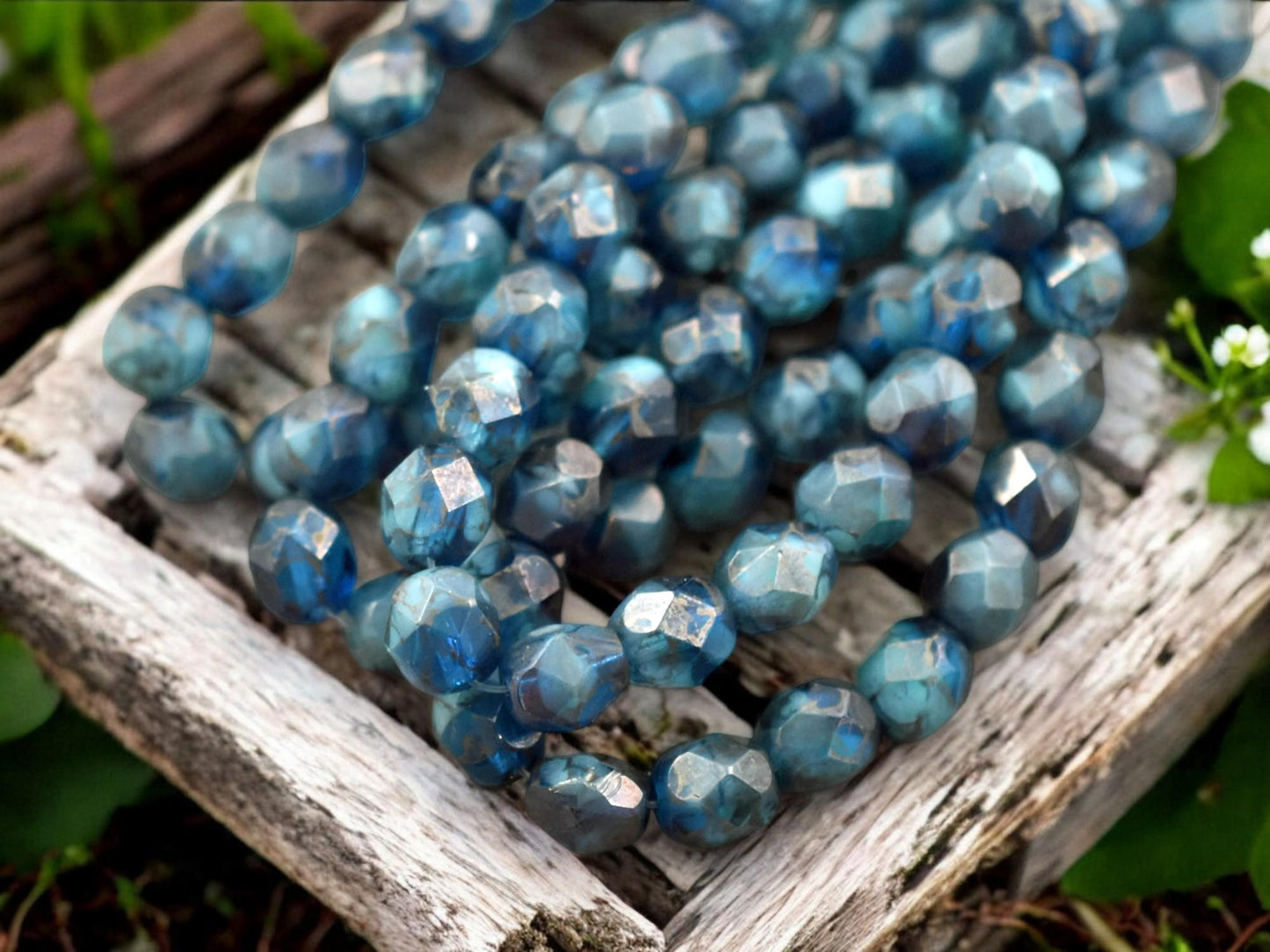 *25* 6mm Teal Marble Luster Fire Polished Round Beads