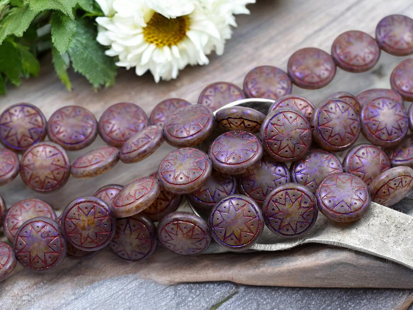 *12* 13mm Red Washed Matte Purple Over White Opal Ishtar Coin Beads