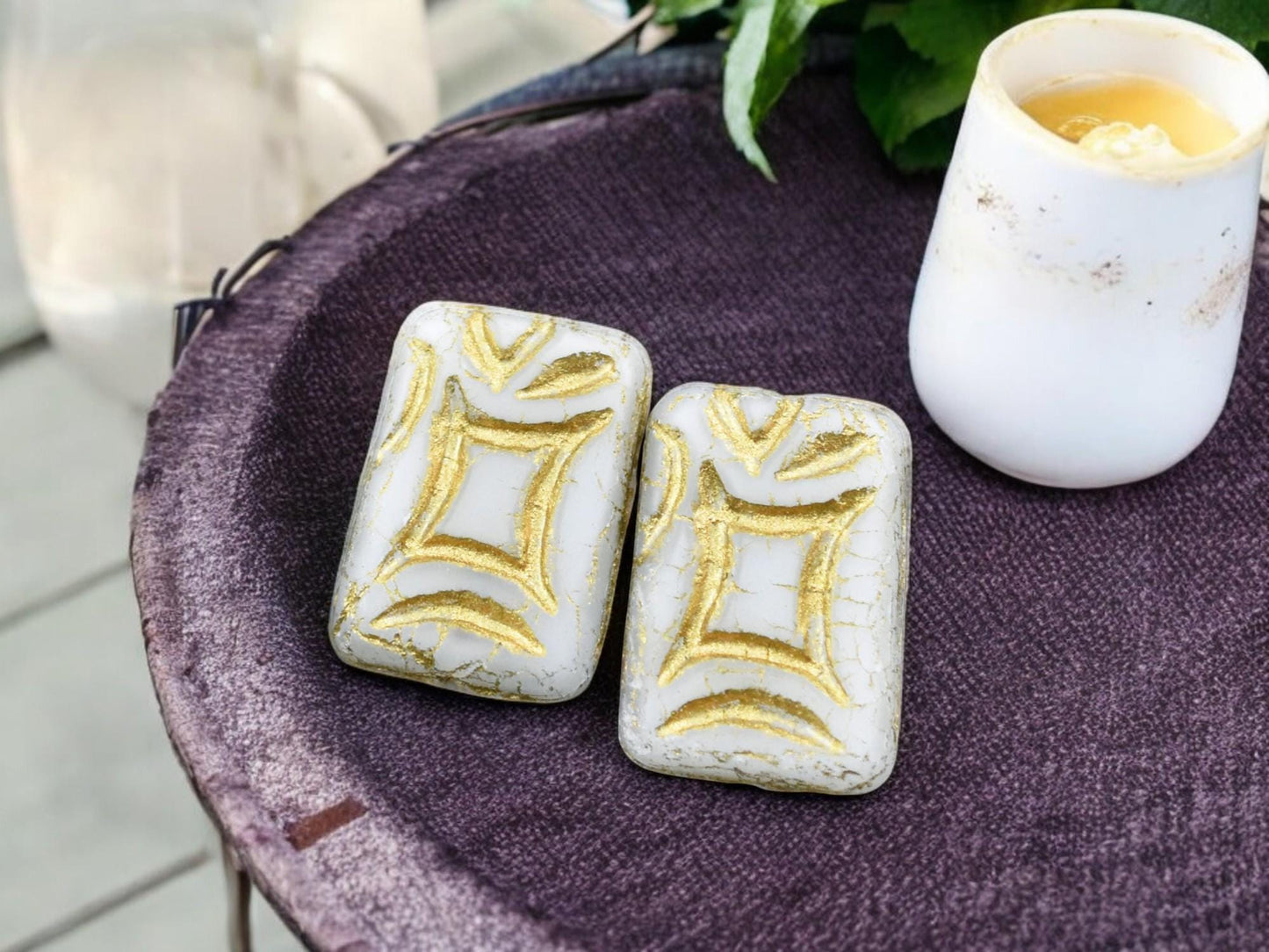 *2* 19x13mm Bronze Washed Matte White Opal Rectangle Beads