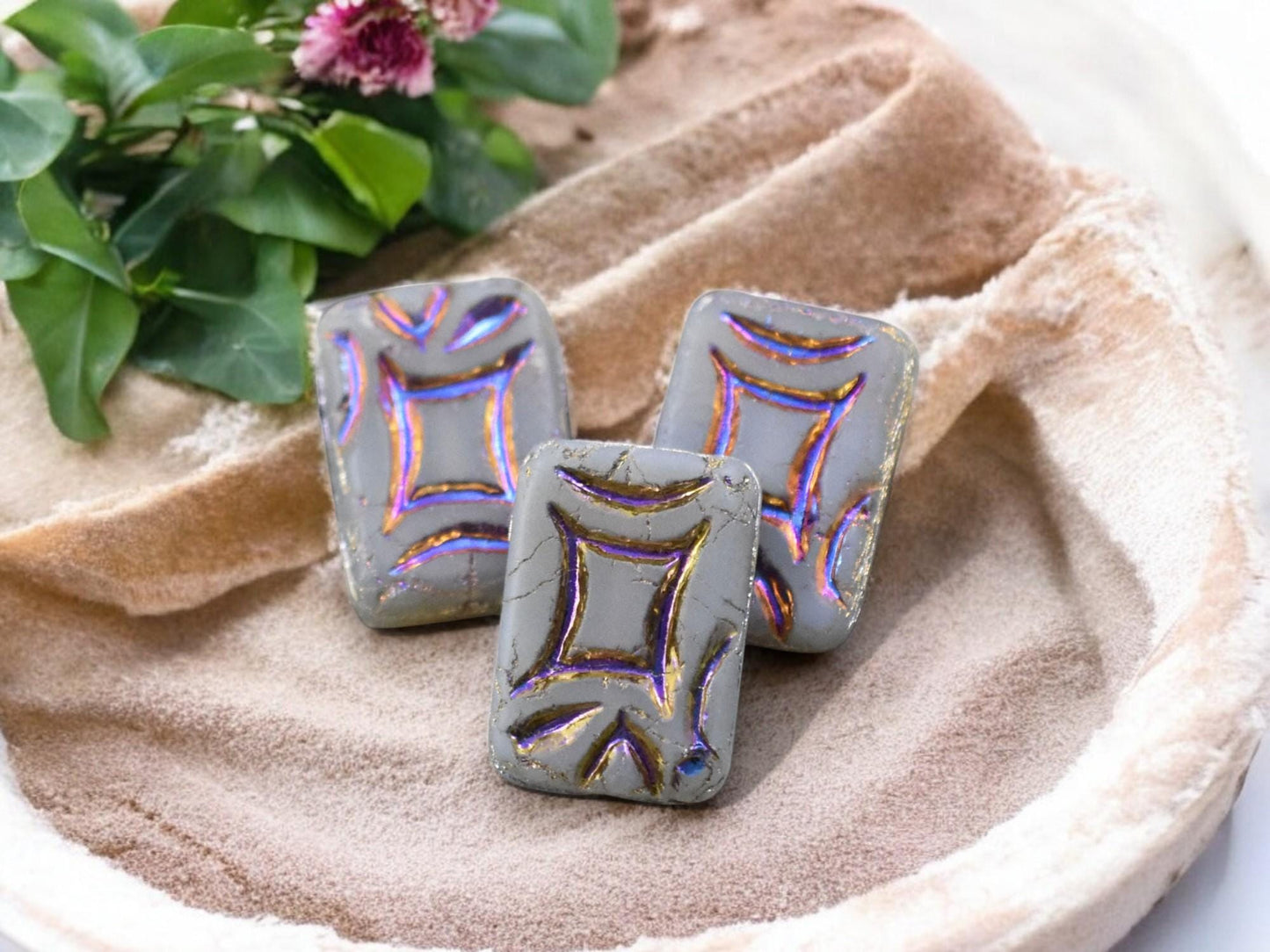 *2* 19x13mm Matte Grey Opal Sliperit Rainbow Rectangle Beads