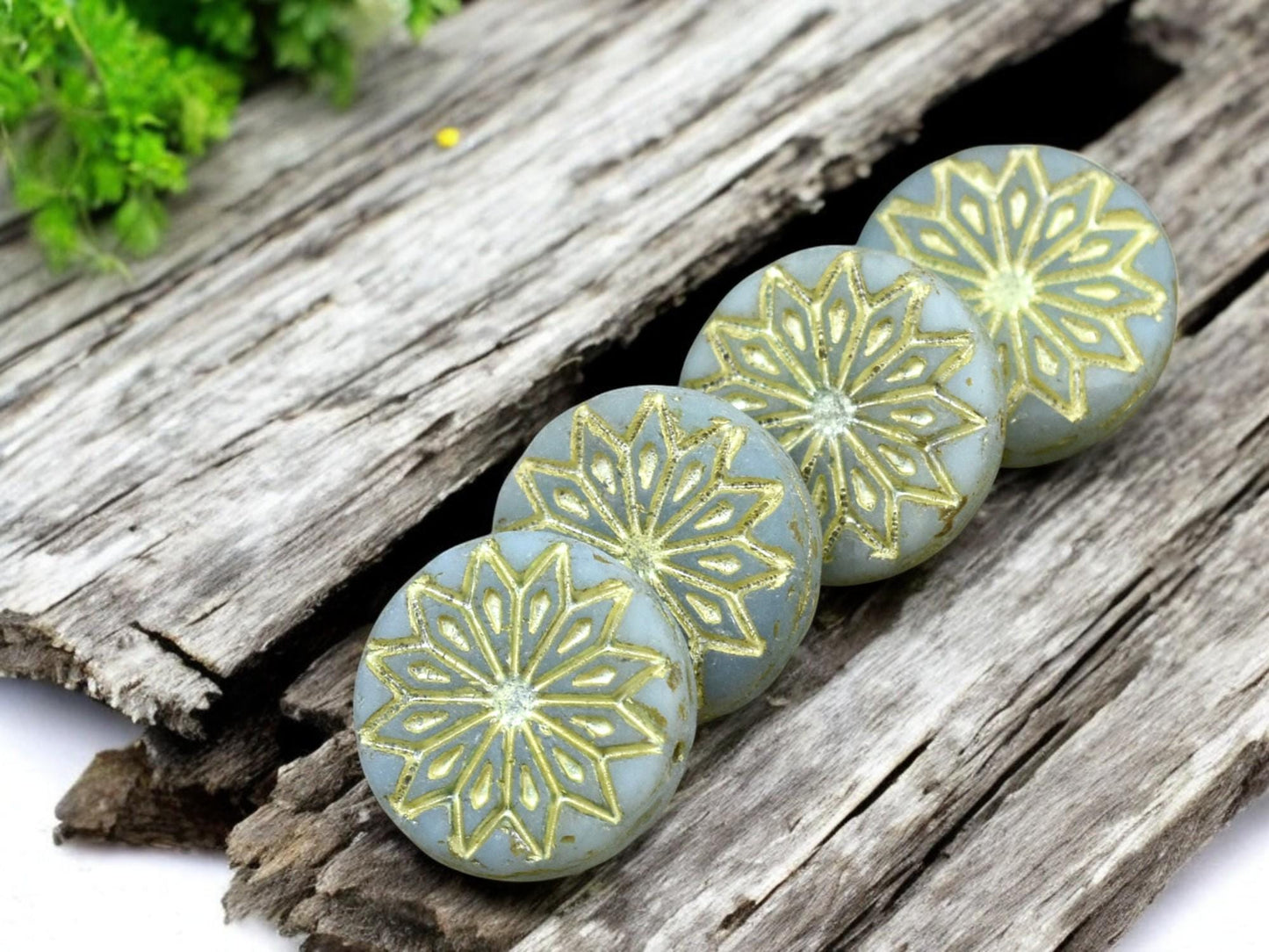 *2* 18mm Gold Washed Matte Aqua Opaline Star Flower Coin Beads