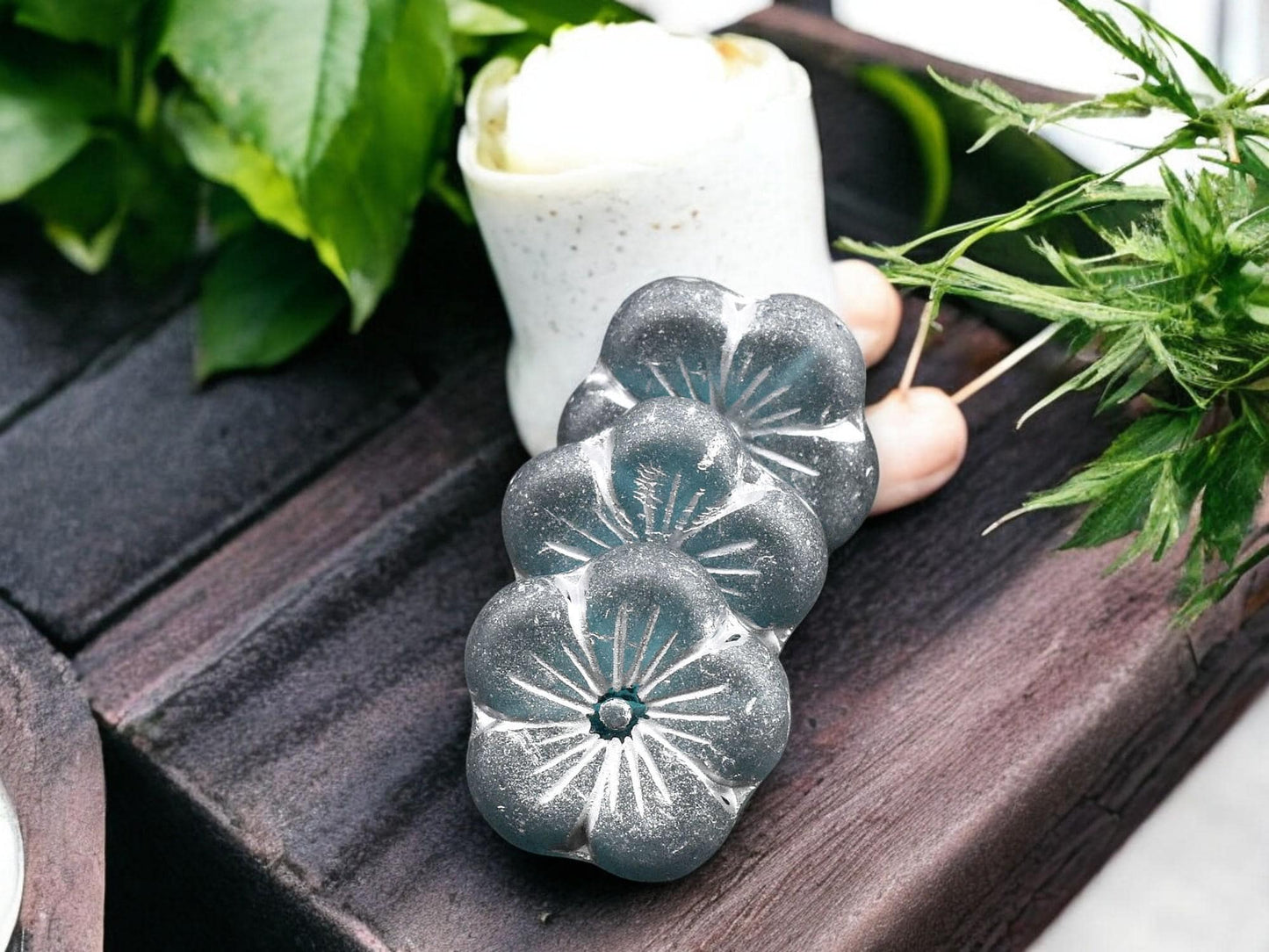 *2* 21mm Silver Washed Etched Teal Blue Hibiscus Flower Beads