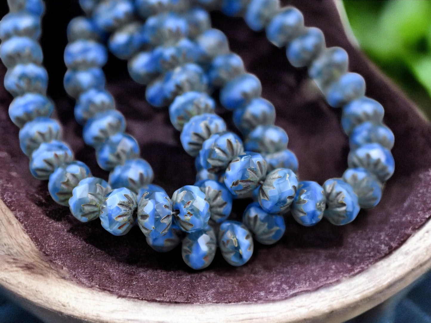 *25* 6x9mm Varigated Cornflower Blue Picasso Fire Polish Cruller Rondelle Beads