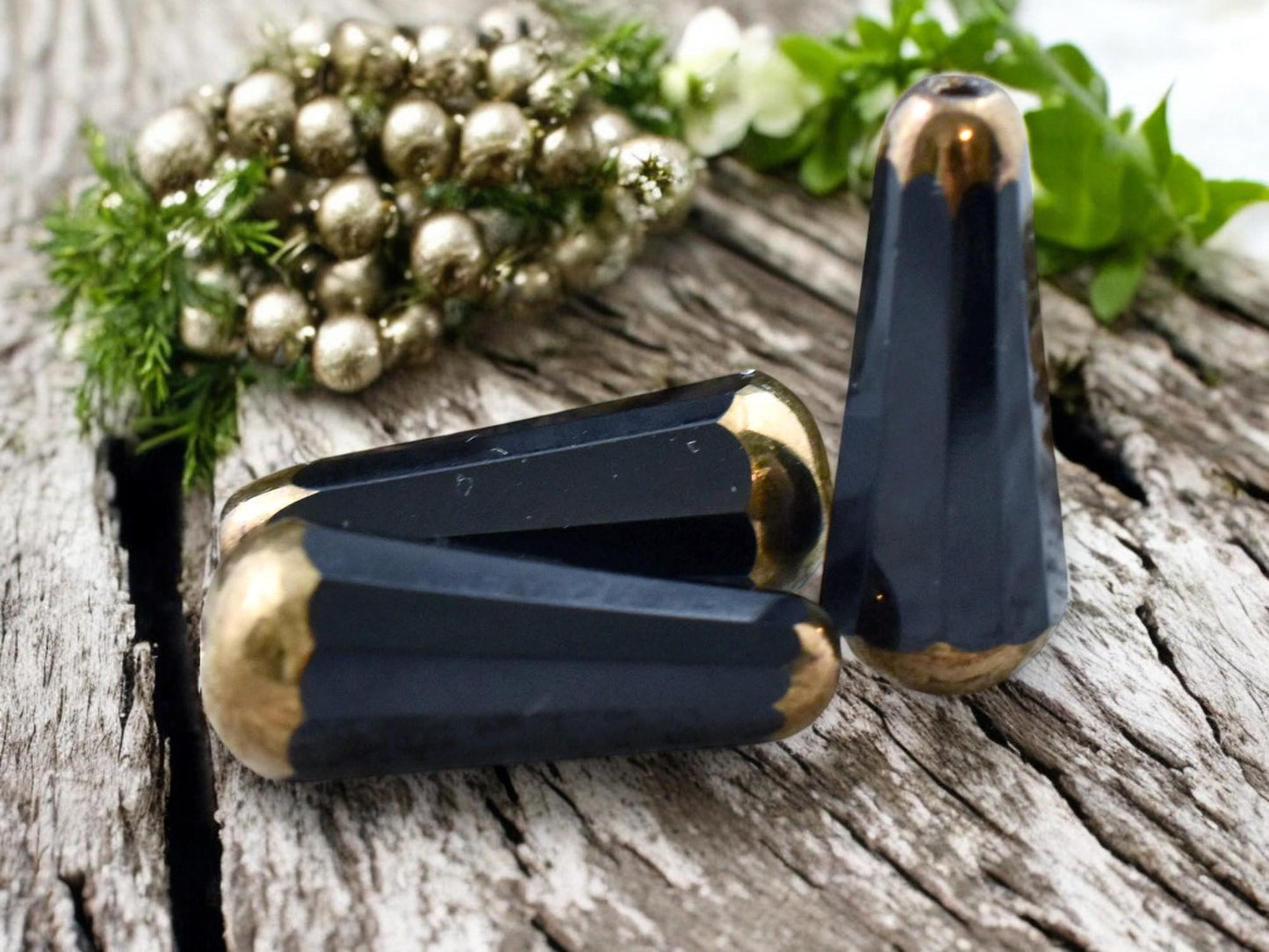 *6* 8x20mm Bronze Tipped Jet Black Faceted Drop Beads