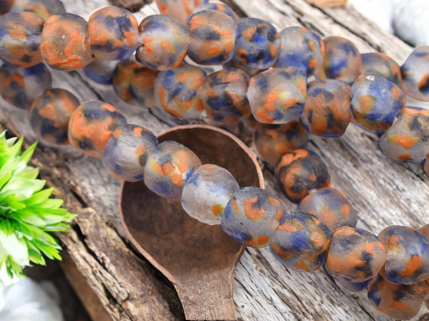 African Trade Beads - Fair Trade Beads - Powder Glass Beads - African Recycled Glass Beads - Approx 14-15mm - 10" Strand - (J42)