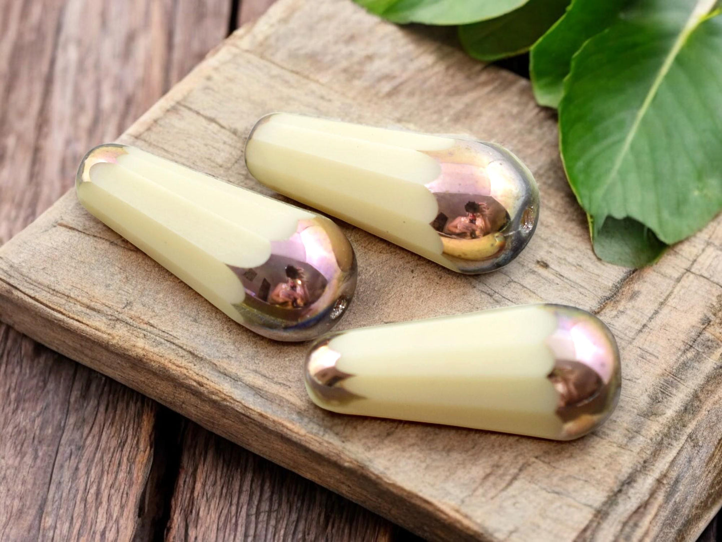 *2* 8x20mm Bronze Rainbow Tipped Opaque Beige Faceted Drop Beads