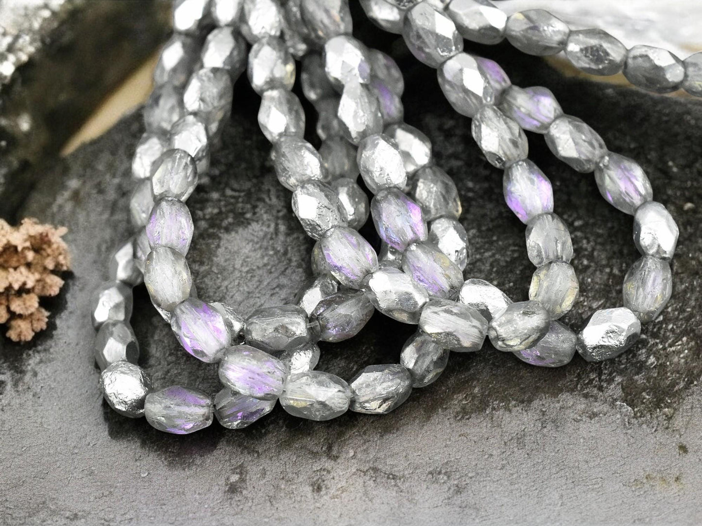 *20* 5x7mm Silver Washed Etched Crystal AB Fire Polished Faceted Oval Beads