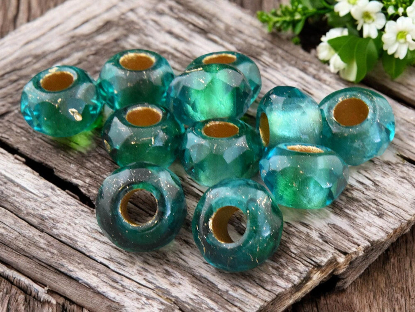 *25* 5x8mm Gold Lined Emerald Capri Faceted Large Hole Rondelle Roller Beads