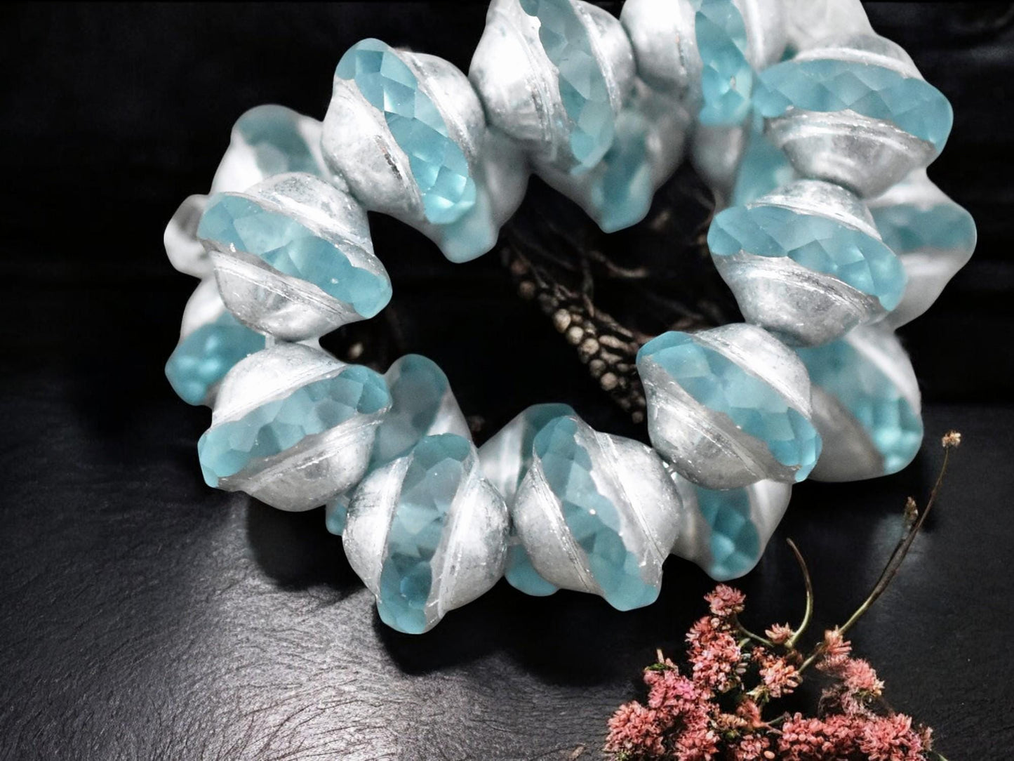 *15* 8x10mm Silver Washed Translucent Sky Blue Saturn Beads