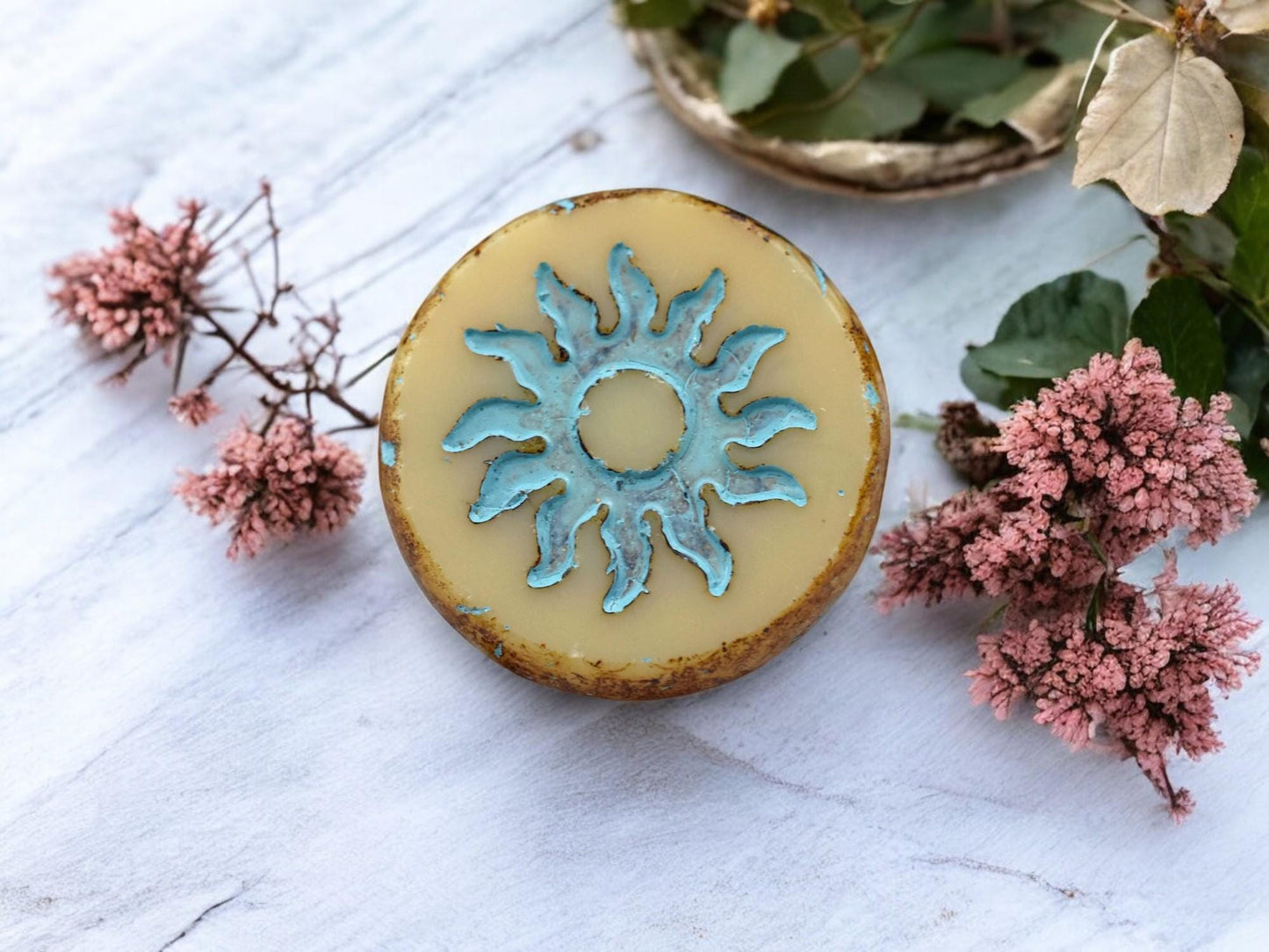 *2* 21mm Turquoise Washed Beige Picasso Table Cut Sun Design Coin Beads