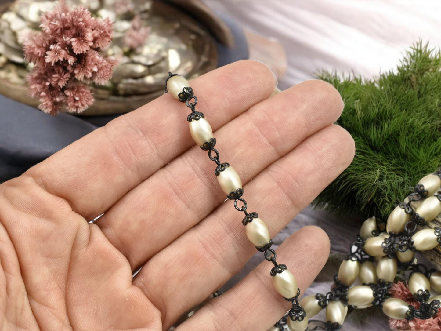 Pearl Chain - Rosary Chain - Beaded Chain - Czech Glass Pearls - Czech Glass Beads - Sold by the foot - (CH35)