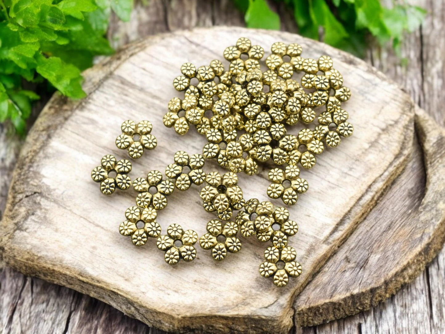 *100* 7mm Antique Gold Flower Rondelle Beads