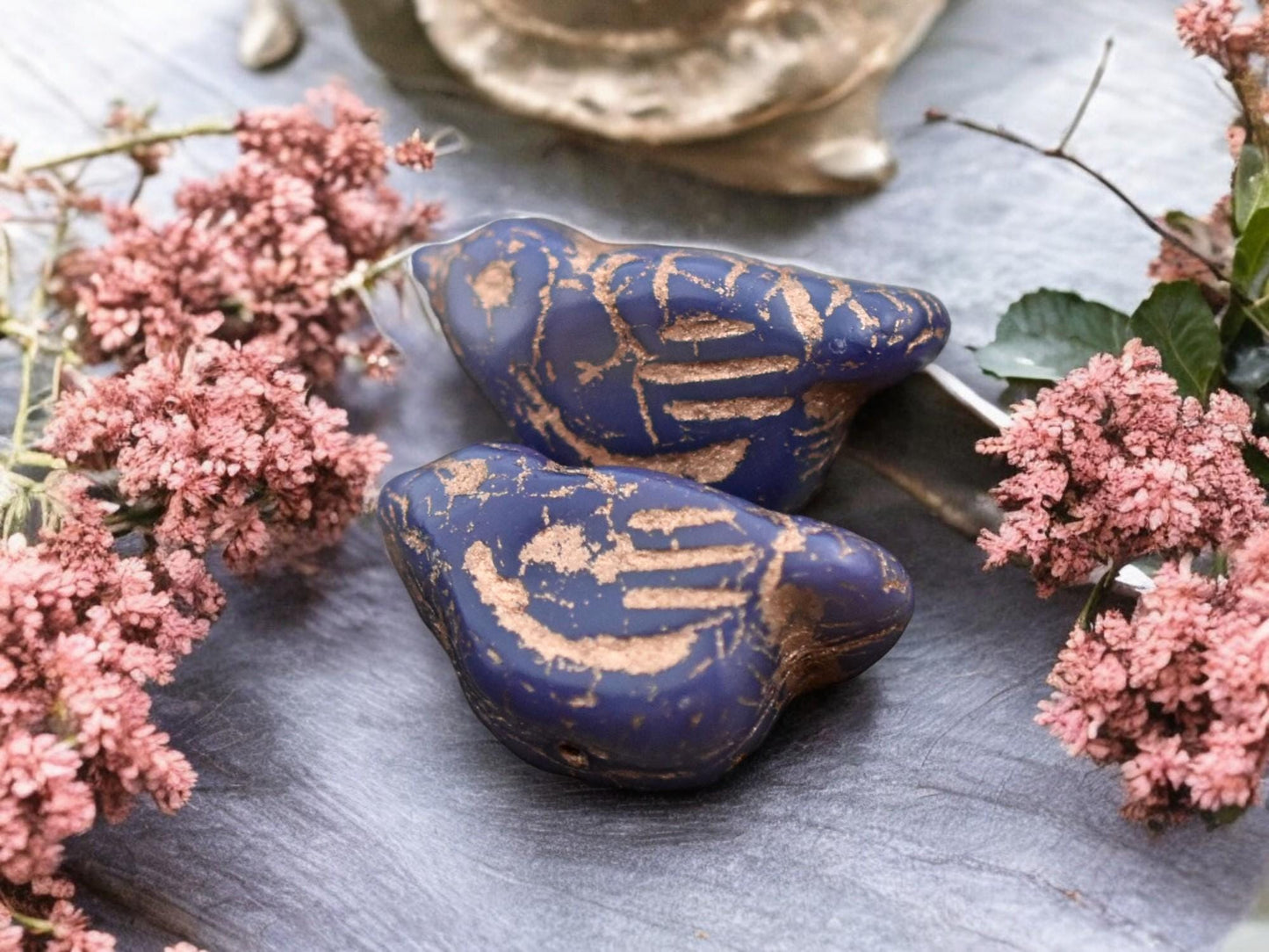 *6* 11x22mm Copper Washed Opaque Indigo Bird Beads