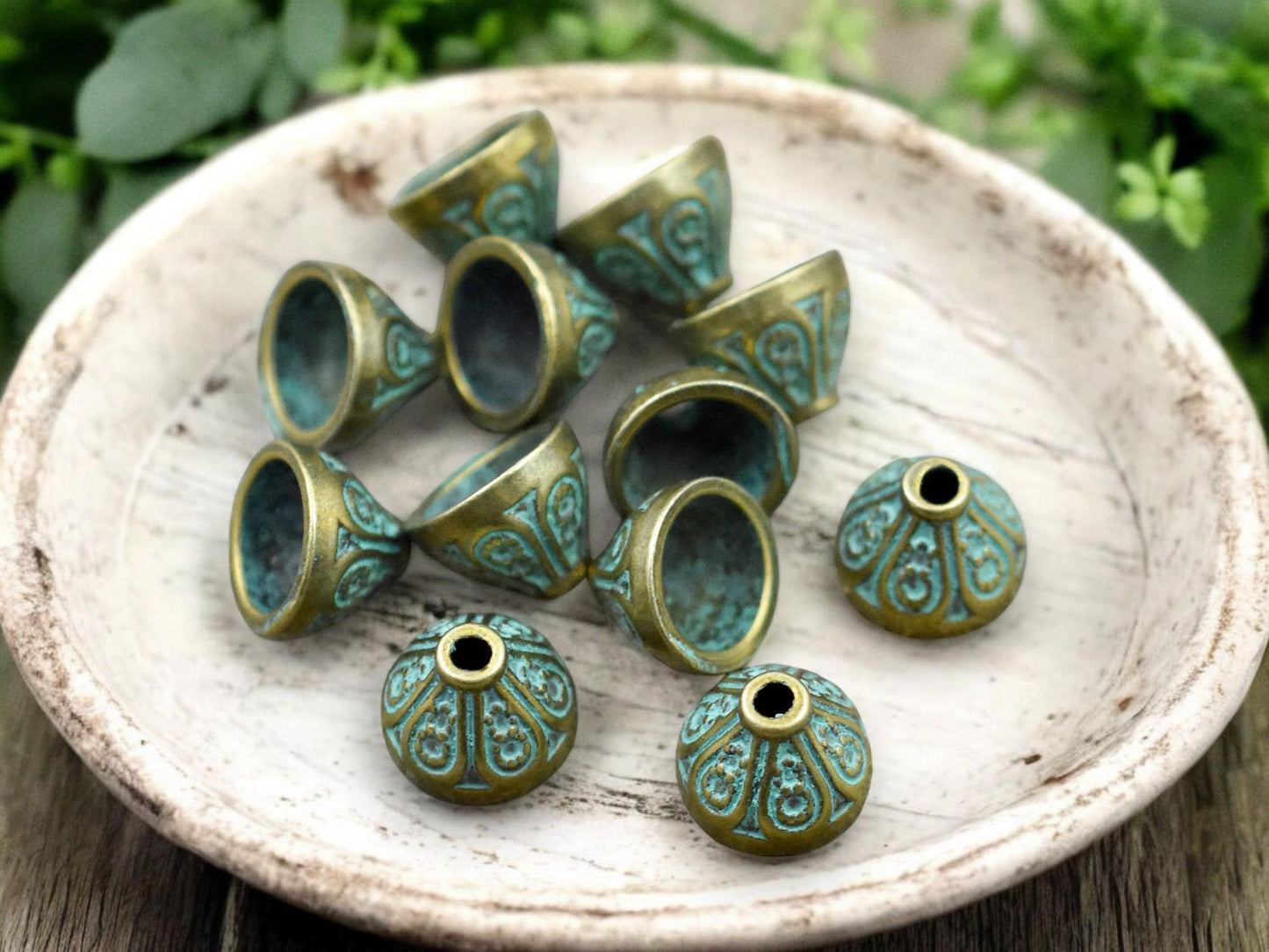 *40* 10x7mm Antique Bronze Green Patina Bead Caps