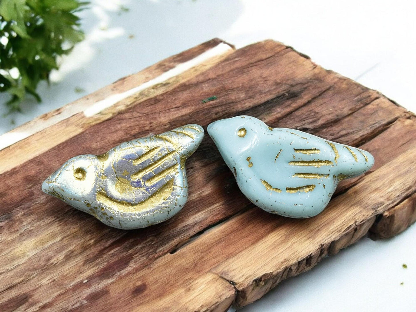 *6* 11x22mm Gold Washed Baby Blue AB Bird Beads