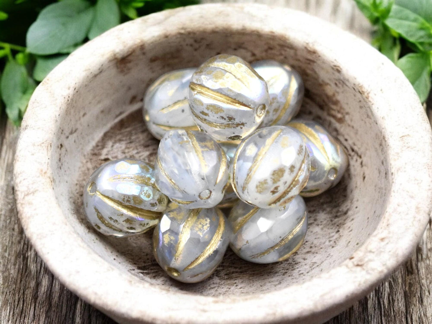 *12* 10mm Gold Washed Crystal Opaline AB Faceted Round Melon Beads