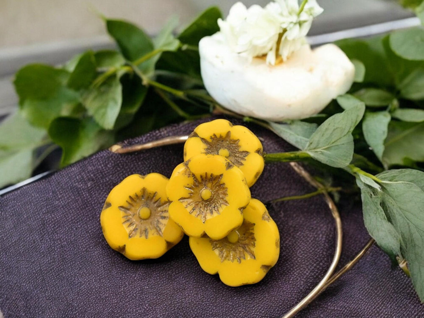 *12* 12mm Dark Bronze Washed Opaque Yellow Hawaiian Flower Beads