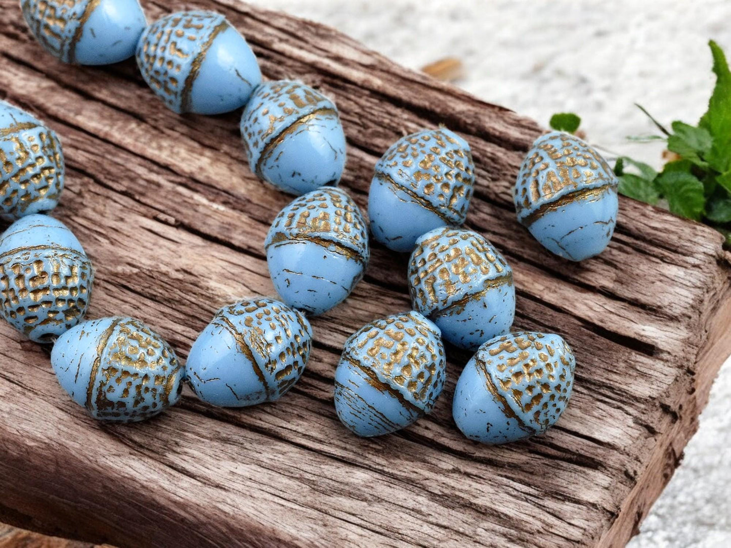 *8* 10x12mm Bronze Washed Opaque Pacific Blue Acorn Oval Beads