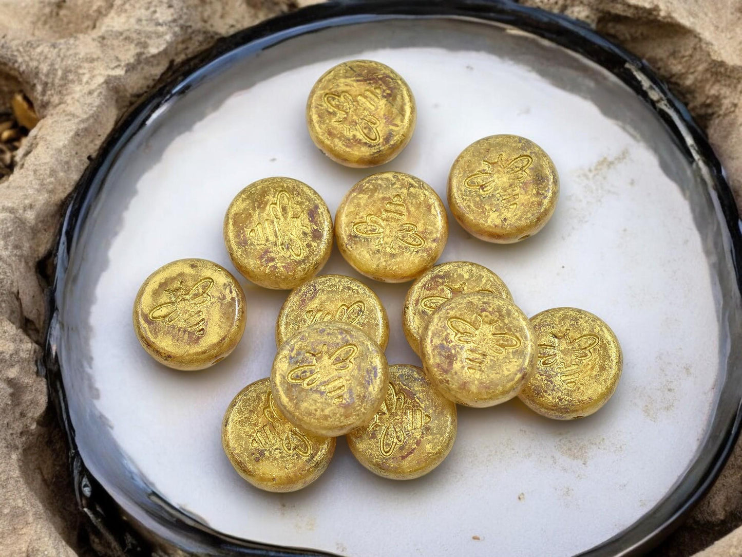 Czech Glass Beads - Bumble Bee - Bee Beads - Czech Glass Bee Coin - Picasso Beads - 12mm - 12pcs - (1657)