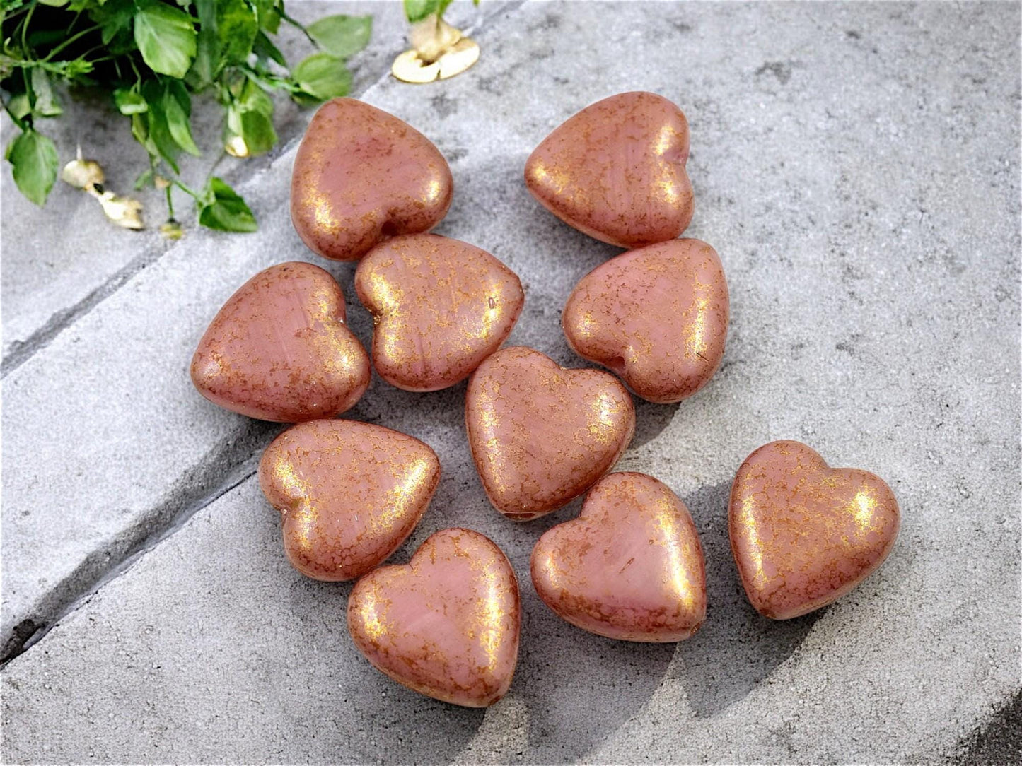 Pink Heart Beads - Czech Glass Beads - Czech Glass Heart - Bead Mix - 14mm - 10pcs - (198)