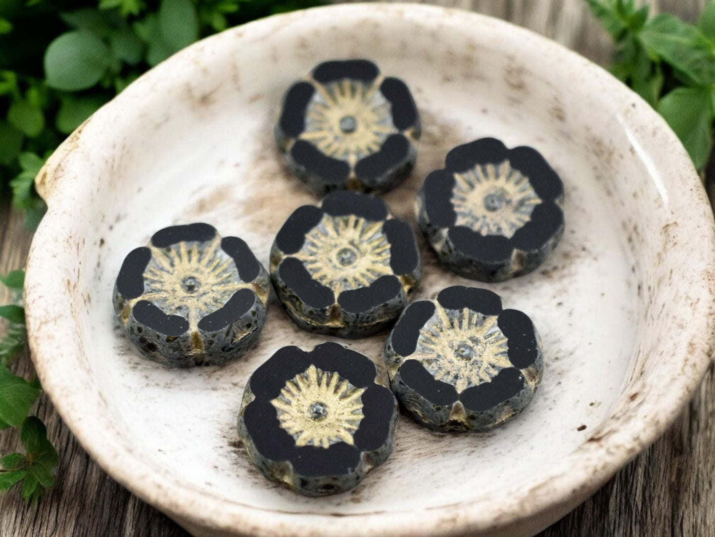 *12* 12mnm Gold Washed Jet Picasso Hawaiian Flower Beads