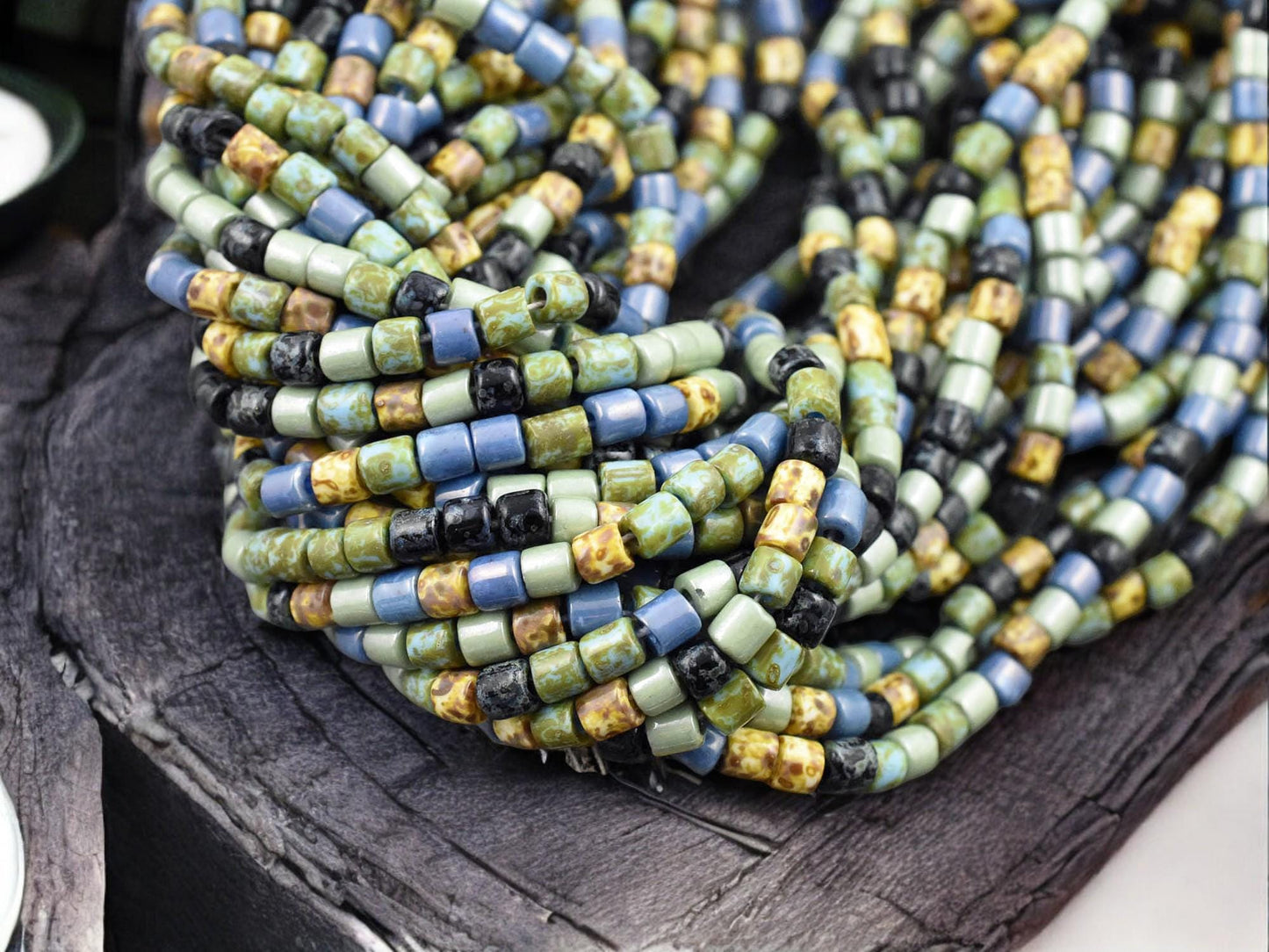 6/0 Aged Denim Turquoise Picasso Tube Seed Bead Mix (20" Strand)