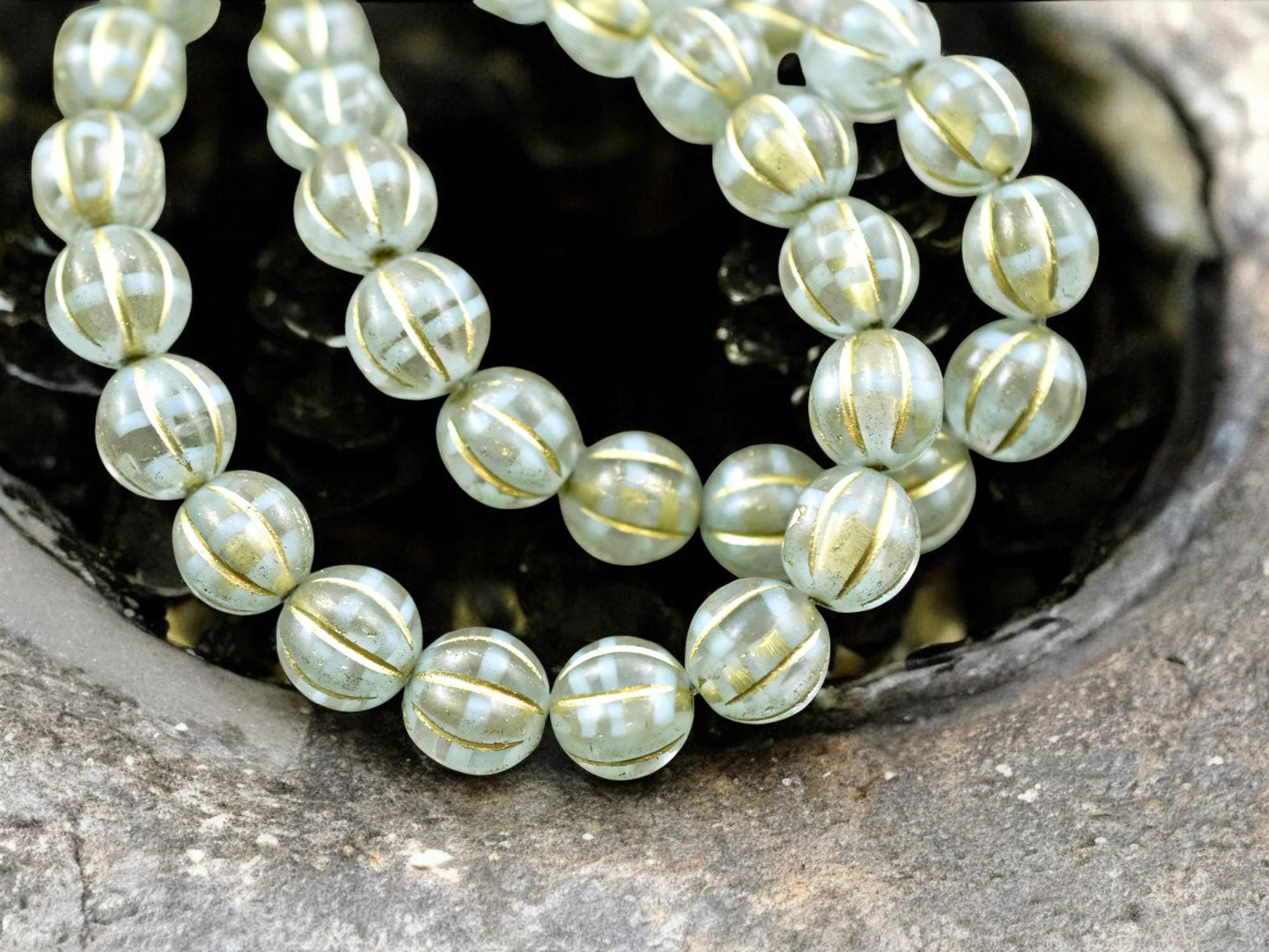 *20* 8mm Gold Washed Mint Crystal Melon Beads
