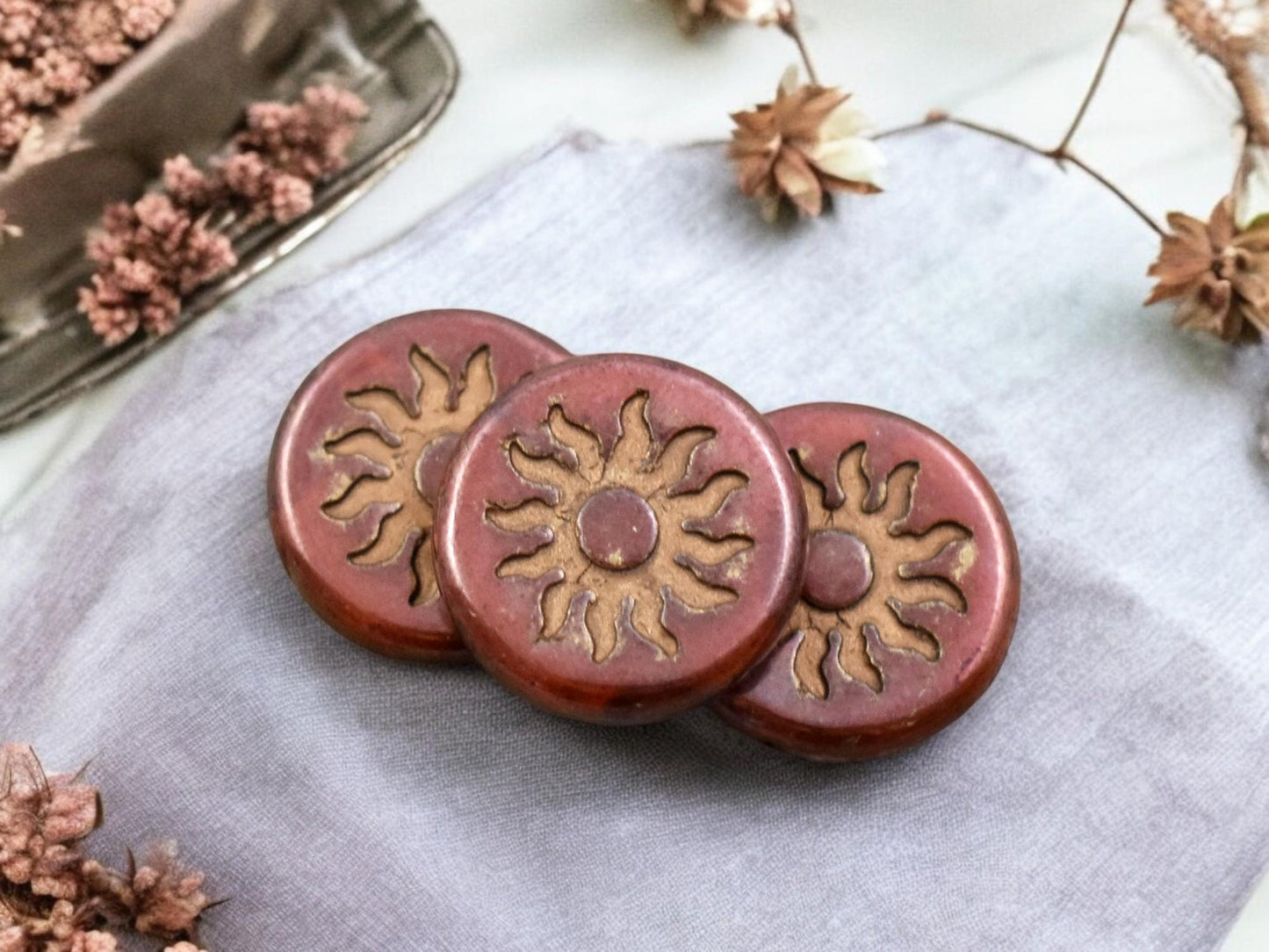 *2* 21mm Gold Washed Metallic Burnt Orange Sun Design Coin Beads