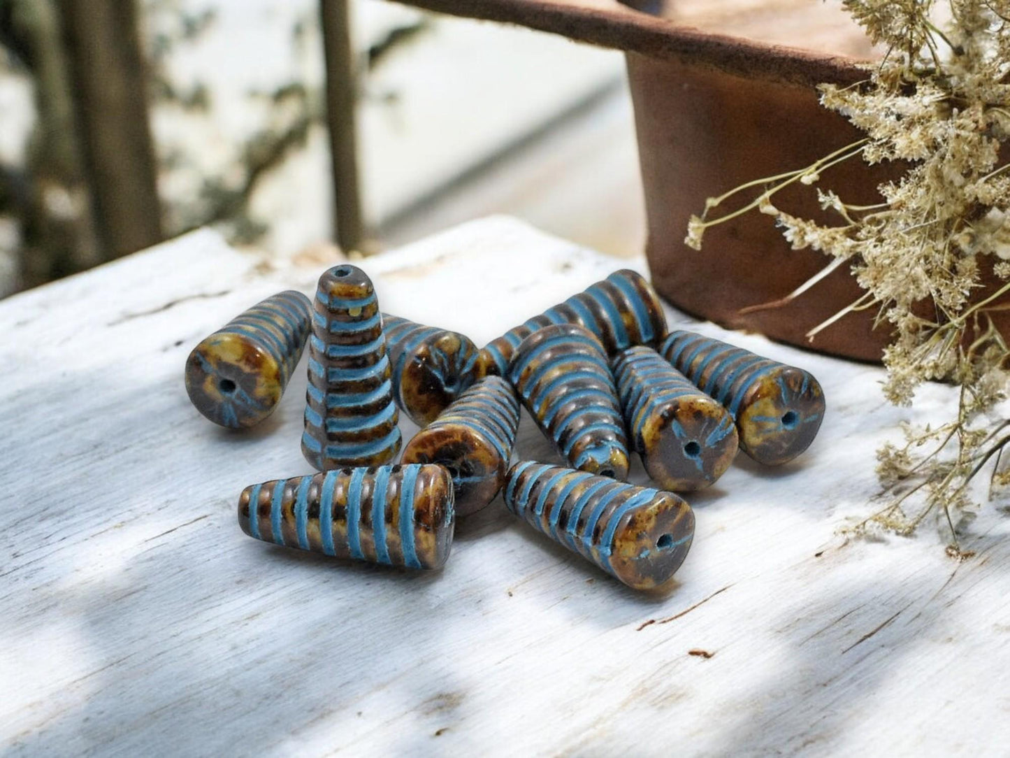 Czech Glass Beads - Picasso Beads - Cone Beads - Honeycomb Beads - 19x9mm - 10pcs Full Strand - (6091)