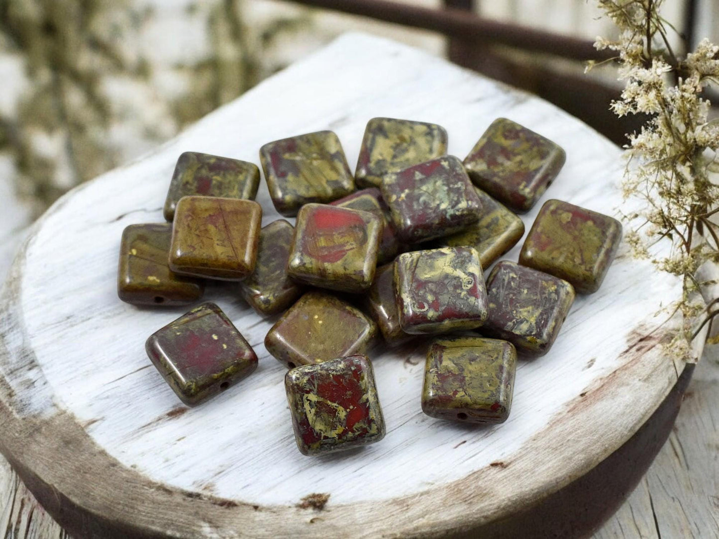 Picasso Beads - Czech Glass Beads - Square Beads - Vintage Czech Beads - 10mm - 15pcs - (5597)