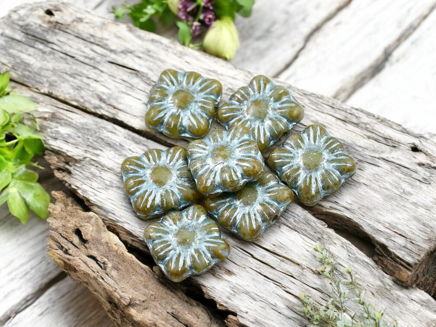 Picasso Beads - Czech Glass Beads - Flower Beads - Czech Glass Flowers - Square Flowers - 11mm Flower - 13pcs - (832)