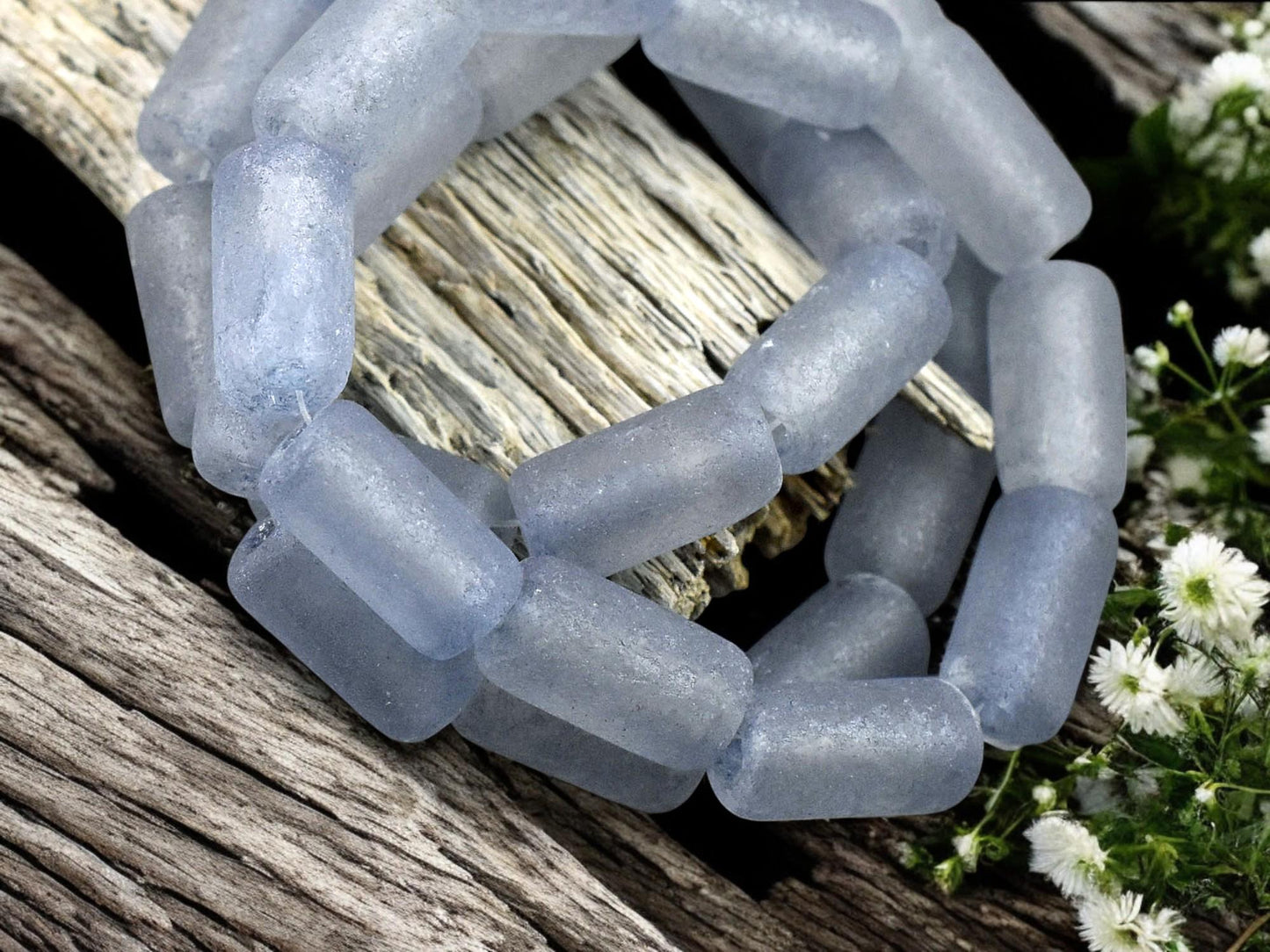 *10* 14x7mm Slate Blue Picasso Washed Etched Translucent Clear Large Hole Tube Beads