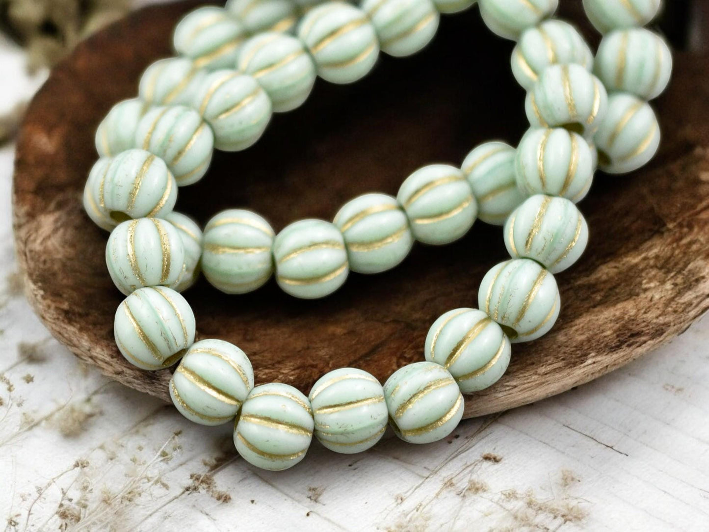 *20* 8mm Gold Washed Mint Green Large Hole Melon Beads