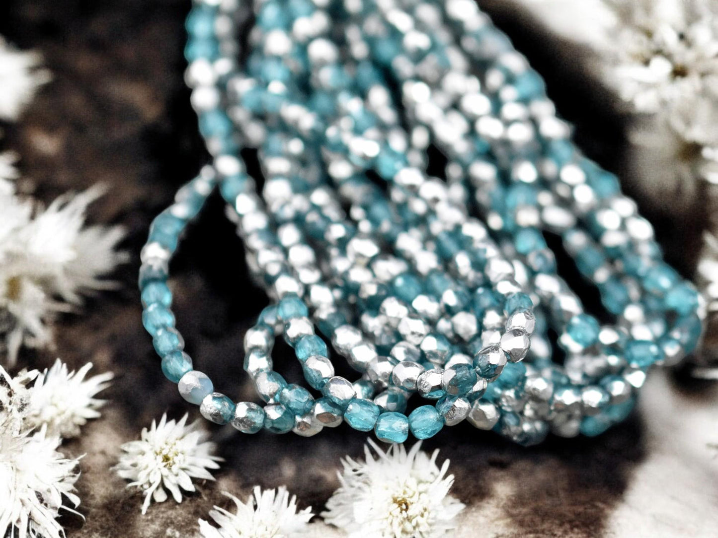 *50* 3mm Silver Washed Etched Teal Fire Polished Round Beads