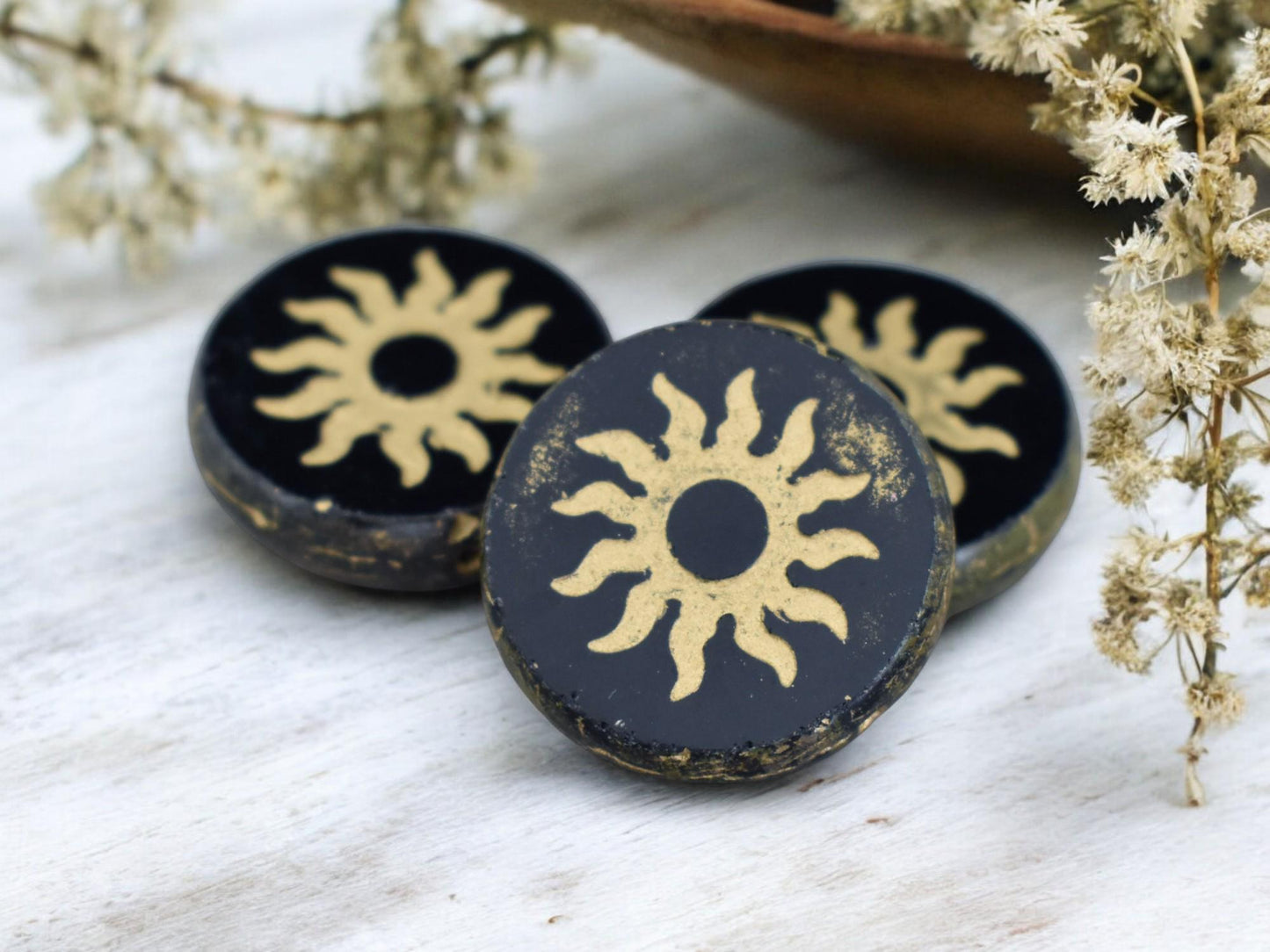 21mm Gold Washed Jet Picasso Table Cut Sun Design Coin Beads